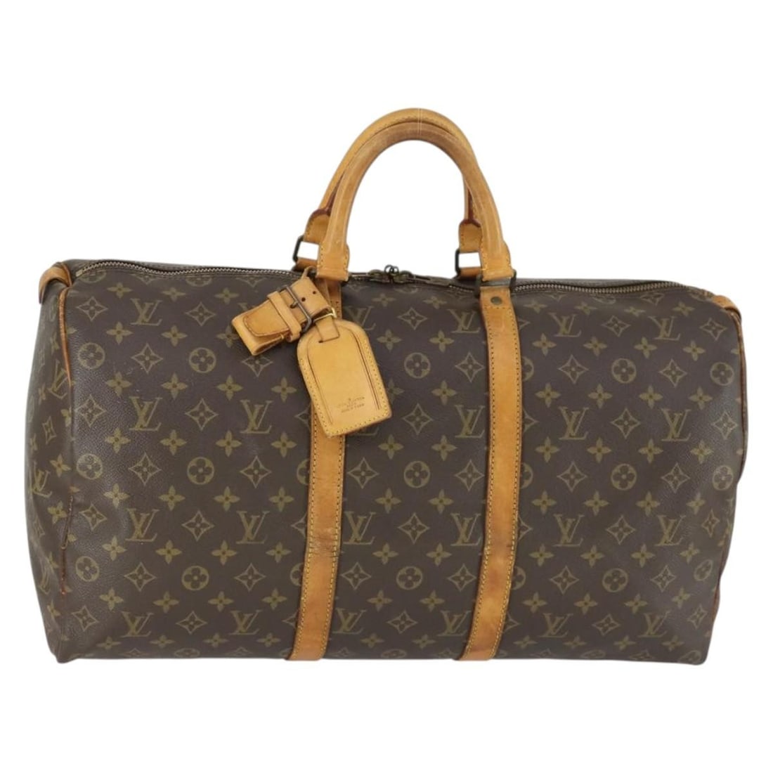 Louis Vuitton Keepall 50 Monogram Canvas Boston Bag M41426 with Name Tag: Louis Vuitton Keepall 50 Monogram Canvas Boston Bag M41426 with Name Tag This is a Louis Vuitton Monogram Keepall 50 Boston Bag, crafted from signature Monogram canvas. The bag features natural leathe