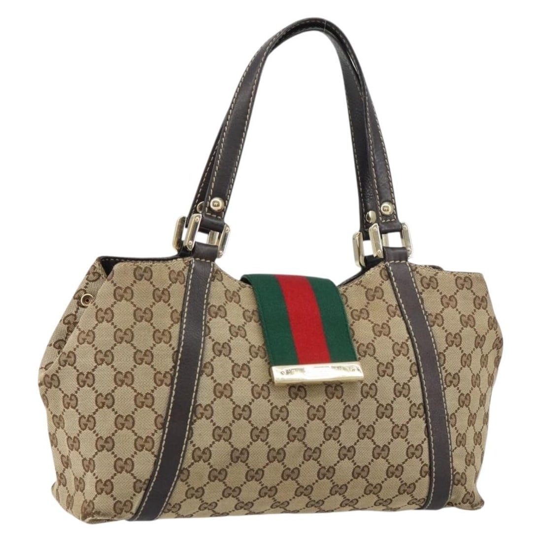 Gucci Beige Gold Canvas GG Web Tote 211937 Italy (1 of 18)