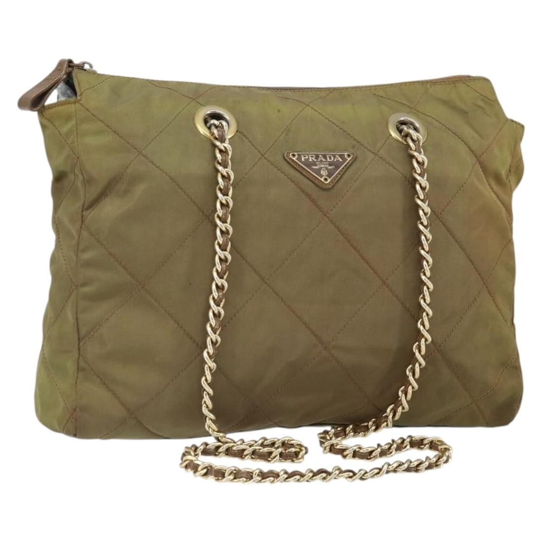 Brown Nylon Quilted Shoulder Bag by Prada with Gold Chain Strap: Brown Nylon Quilted Shoulder Bag by Prada with Gold Chain Strap This Prada chain quilted shoulder bag features a brown and gold nylon exterior with gold-tone accents. Made in Italy, the bag is designe