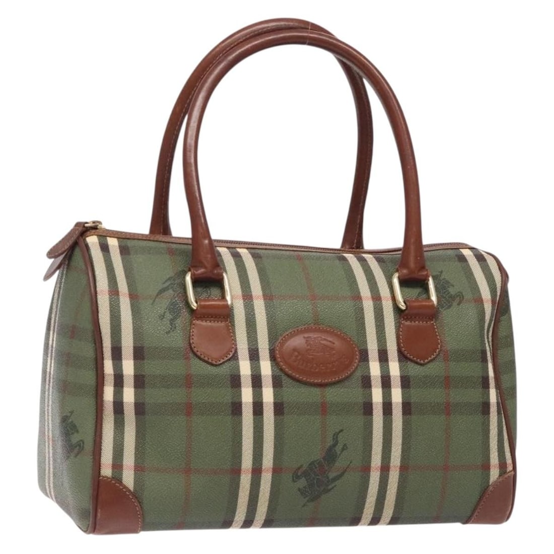 Burberrys Nova Check Hand Bag Green Gold PVC Leather Made in Italy: Burberrys Nova Check Hand Bag Green Gold PVC Leather Made in Italy This Burberrys Nova Check Hand Bag is a stylish accessory crafted from durable PVC leather. The exterior showcases a striking combina