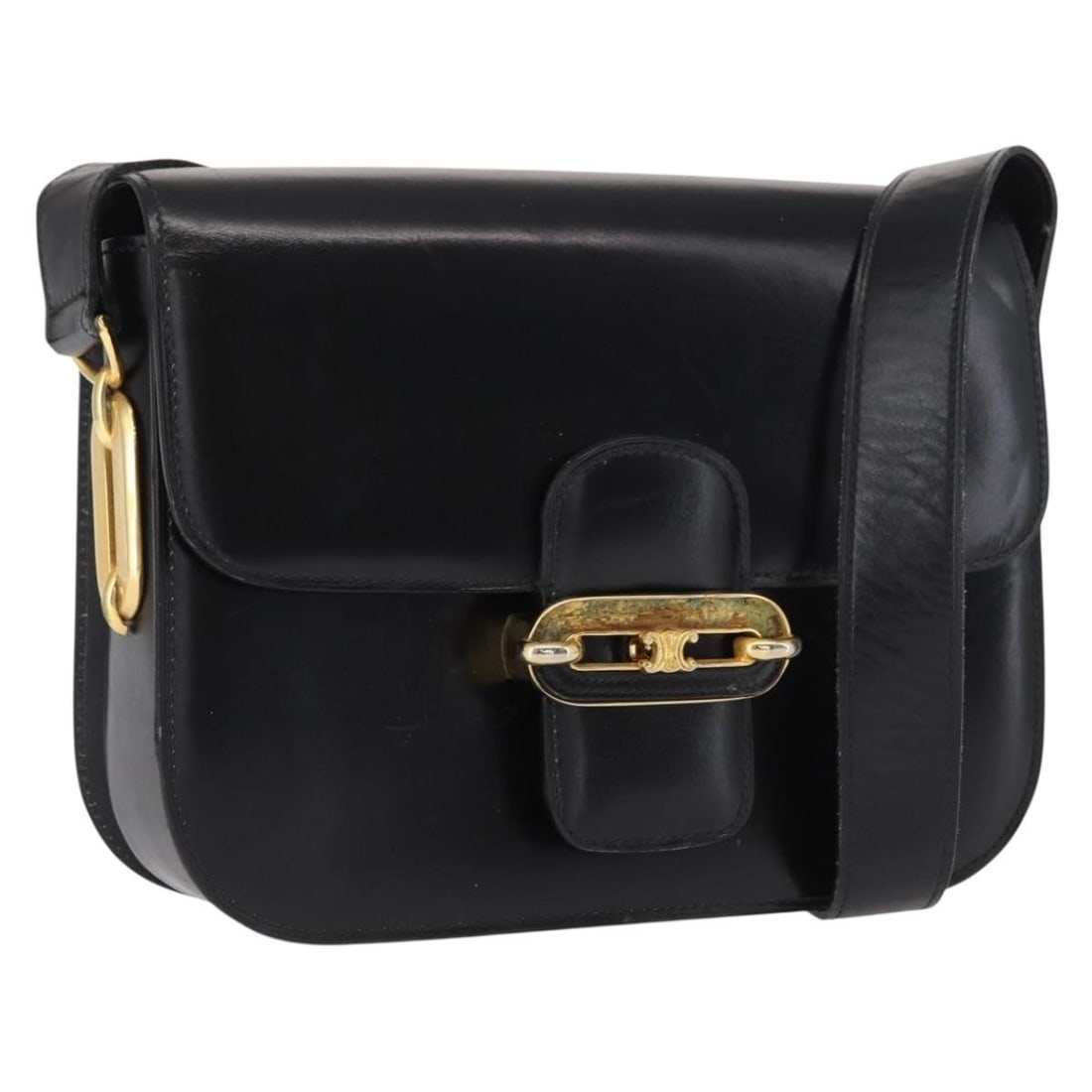 Black Leather Celine 164937 Shoulder Purse with Gold Accents: Black Leather Celine 164937 Shoulder Purse with Gold Accents This CELINE shoulder bag is crafted from black leather with gold-tone accents. It features an adjustable shoulder strap and a structured si