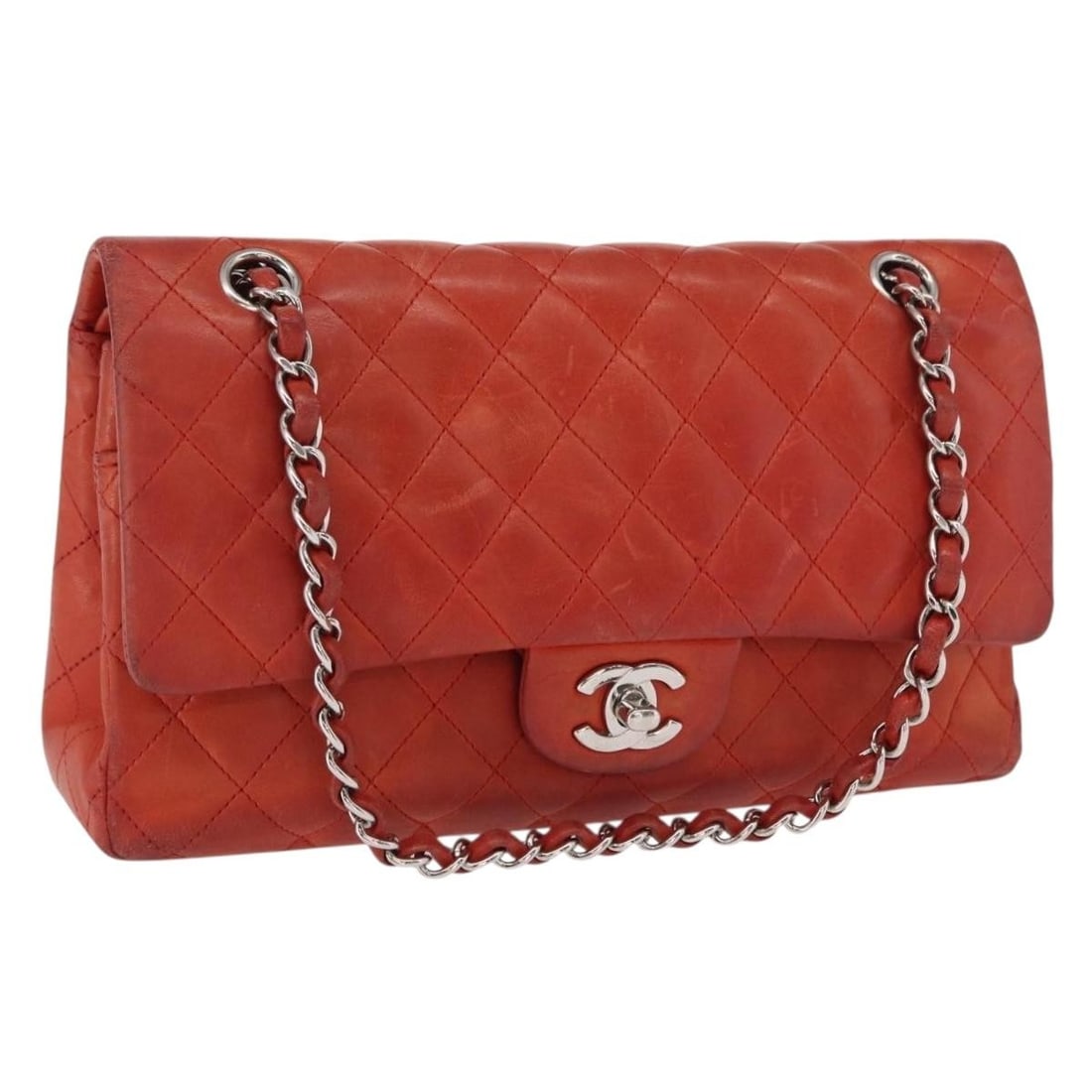 Chanel Matelasse 25 Red Lambskin Double Flap Shoulder Bag Silver CC Hardware: Chanel Matelasse 25 Red Lambskin Double Flap Shoulder Bag Silver CC Hardware This CHANEL Matelasse 25 Double Flap Chain Shoulder Bag is crafted from lambskin leather in red with silver-tone CC hardwar