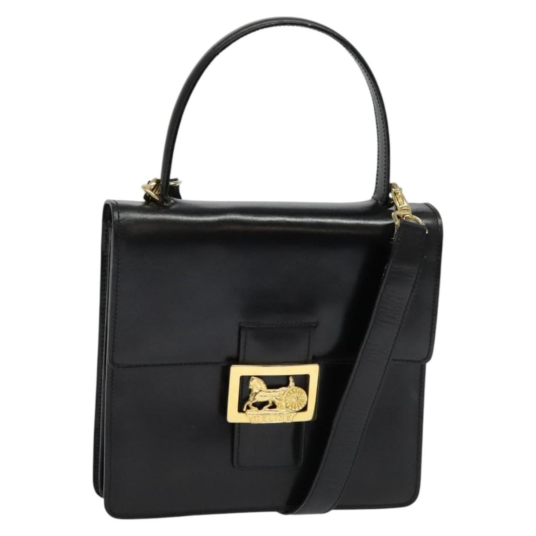 CELINE Black Gold Leather 2-Way Hand Bag Auth Italy: CELINE Black Gold Leather 2-Way Hand Bag Auth Italy This authentic CELINE hand bag exudes elegance with its classic black and gold color scheme, crafted from high-quality leather. Ideal for both casua