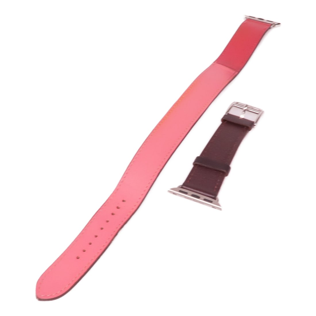 HERMES Swift Leather Apple Watchband Red Pink Brown PHW Accessories: HERMES Swift Leather Apple Watchband Red Pink Brown PHW Accessories Elevate your Apple Watch with this stunning HERMES watchband crafted from premium calfskin leather. The vibrant red color adds a bol