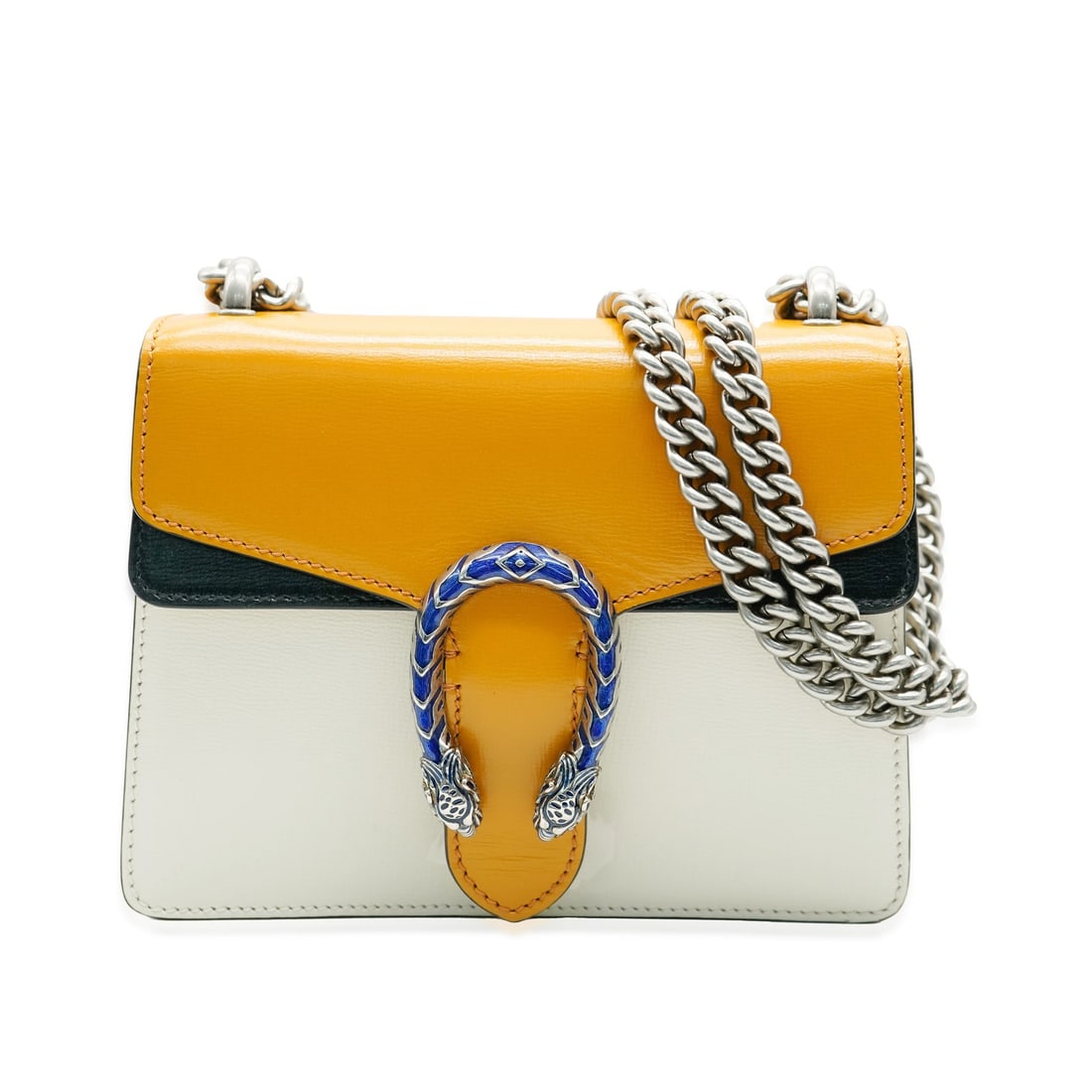 Gucci Mini Dionysus Tricolor Leather Shoulder Bag Black White Yellow: Gucci Mini Dionysus Tricolor Leather Shoulder Bag Black White Yellow This stylish Gucci Mini Dionysus handbag showcases a sophisticated tricolor design featuring black, white, and yellow leather. It i