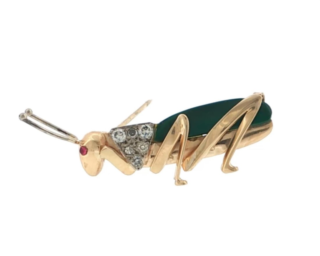 14k Yellow White Gold Grasshopper Brooch with Ruby Diamond Malachite (1 of 5)