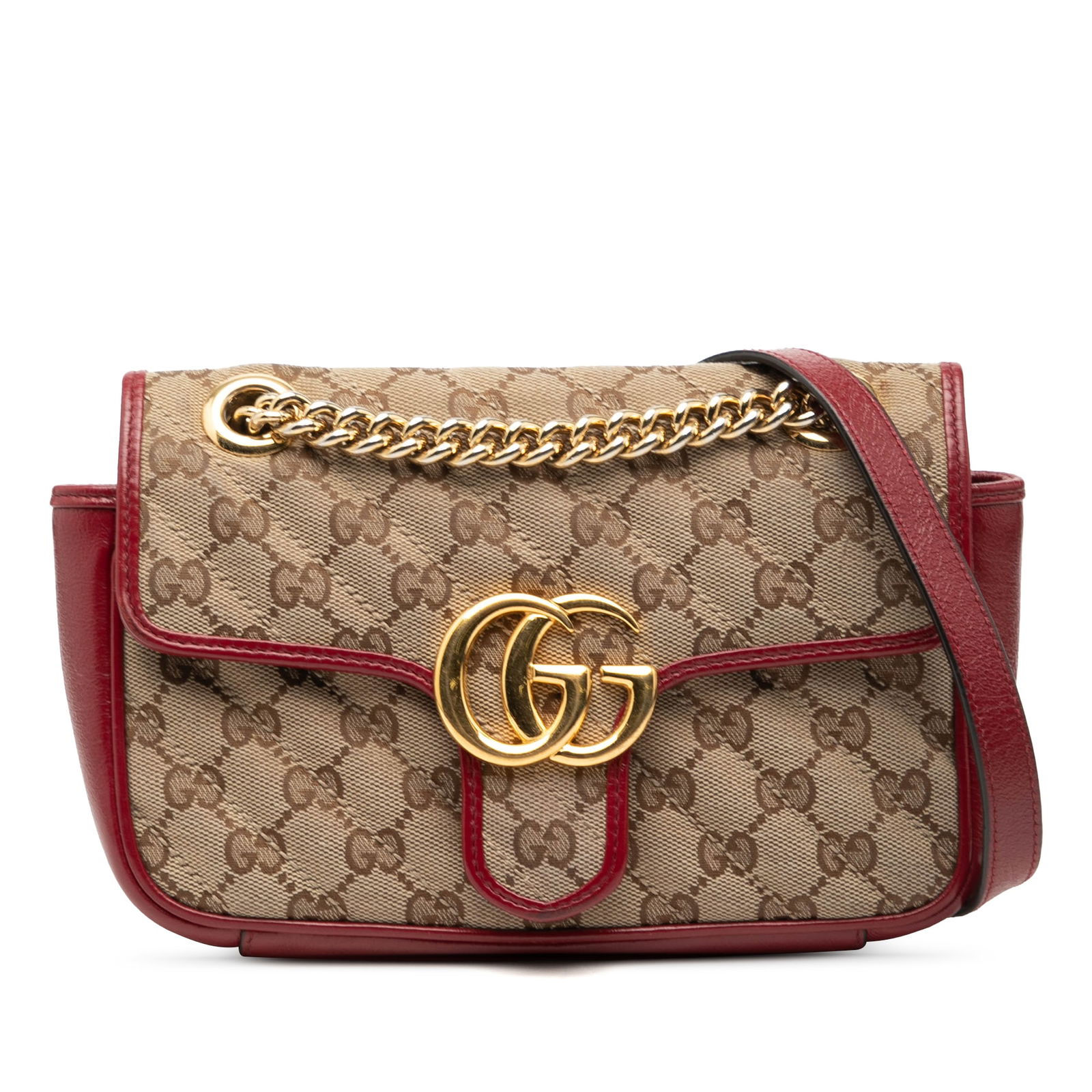 Gucci GG Marmont Small Canvas and Leather Chain Shoulder Bag: Gucci GG Marmont Small Canvas and Leather Chain Shoulder Bag This Gucci Small GG Marmont Matelasse Diagonal shoulder bag features a brown canvas body with leather trim and a chain link strap with a le