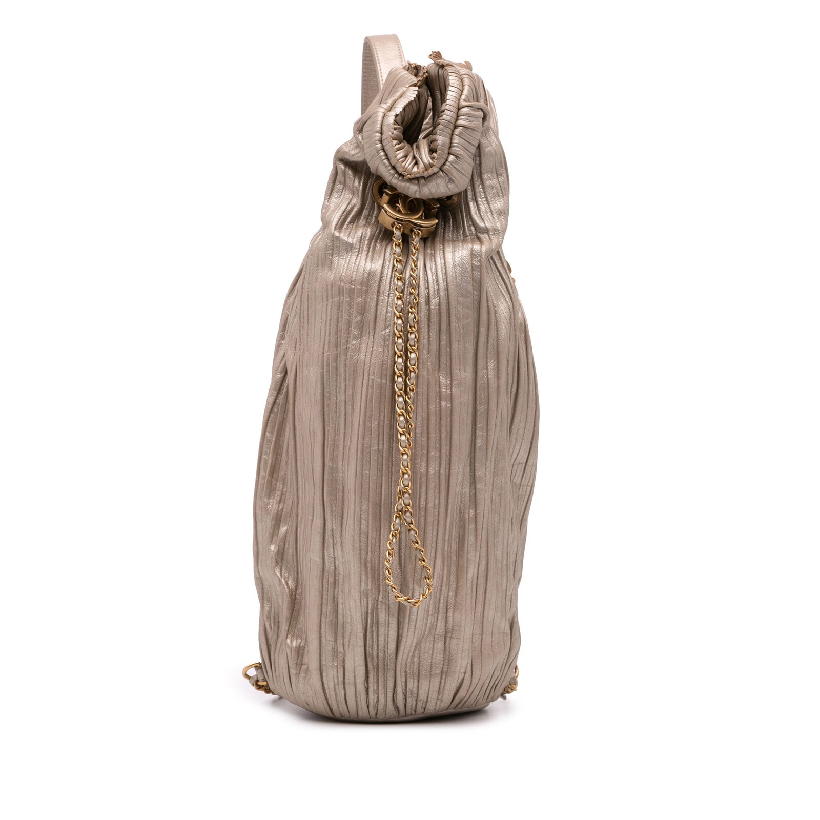 Chanel Medium Metallic Calfskin Coco Pleats Gold Drawstring Backpack: Chanel Medium Metallic Calfskin Coco Pleats Gold Drawstring Backpack Elevate your accessory game with the Chanel Medium Metallic Calfskin Coco Pleats Drawstring Backpack. This stylish backpack is craf