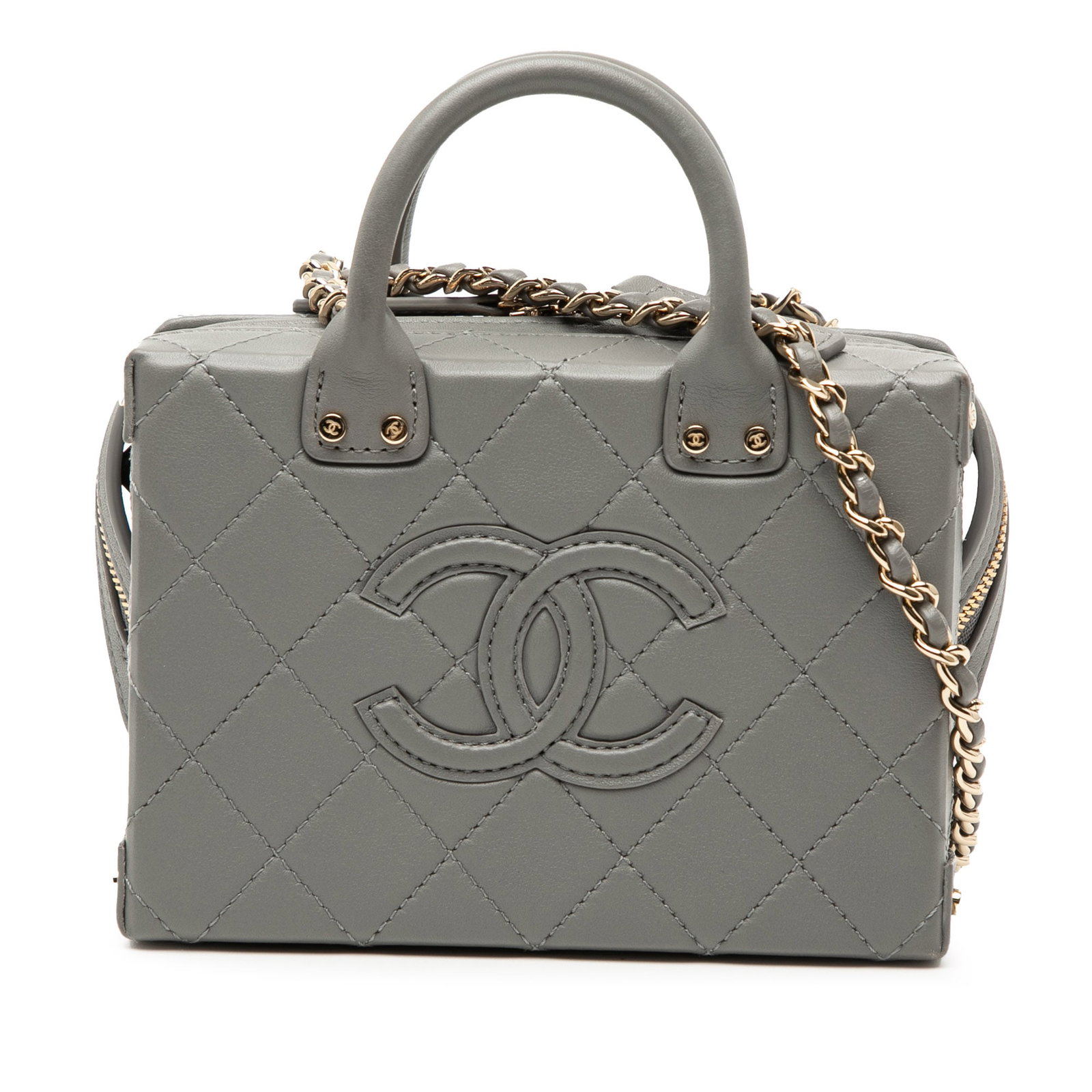 Chanel Gray Quilted Leather Convertible Vanity Bag With Top Handle: Chanel Gray Quilted Leather Convertible Vanity Bag With Top Handle This Chanel Small CC Quilted Calfskin Top Handle Convertible Vanity Case features a quilted leather exterior in gray with rolled leat