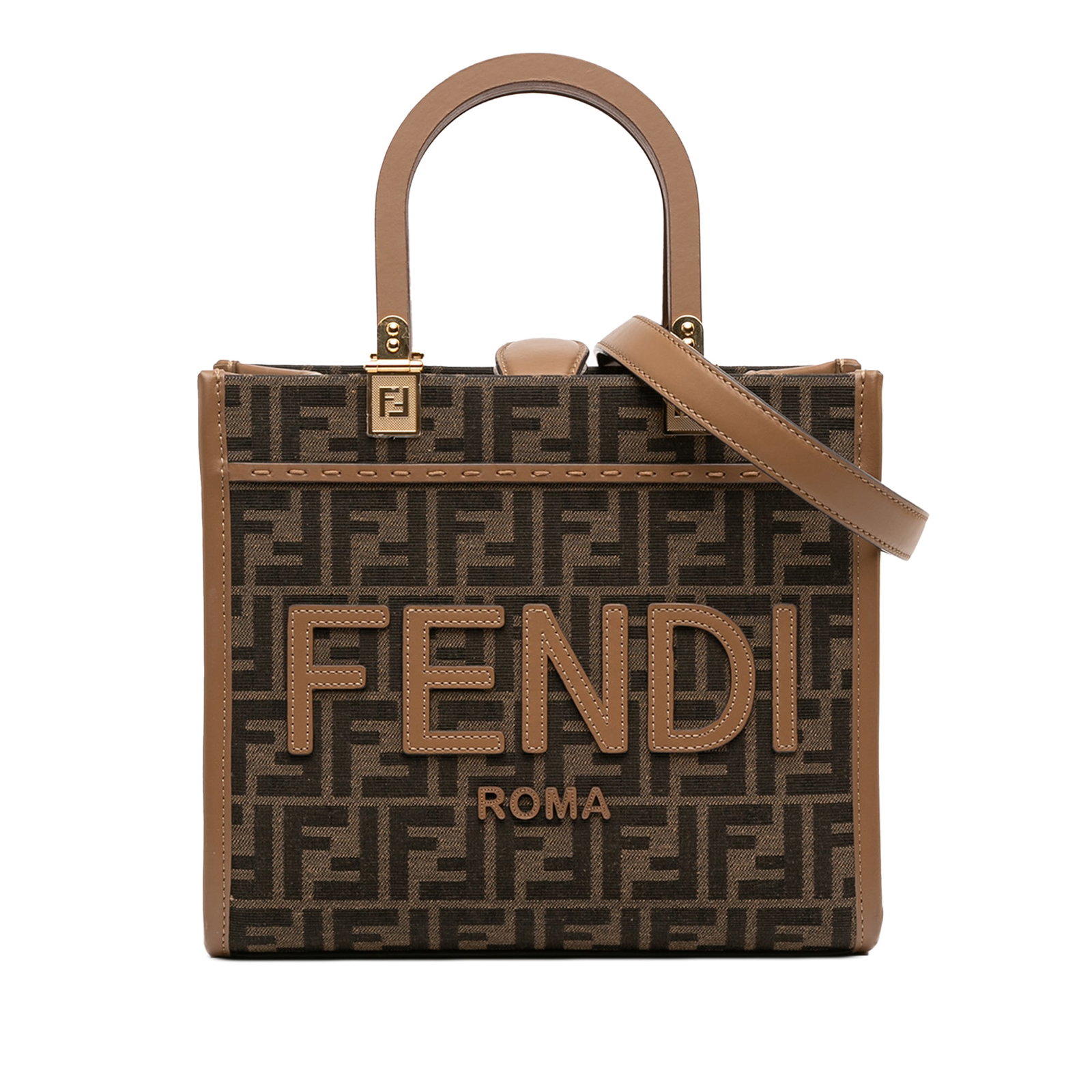 Fendi Small Zucca Shopper Tote Brown Canvas with Leather Trim: Fendi Small Zucca Shopper Tote Brown Canvas with Leather Trim This Fendi Small Zucca Canvas Sunshine Shopper Tote is a stylish and practical accessory crafted from durable canvas with leather trim. It