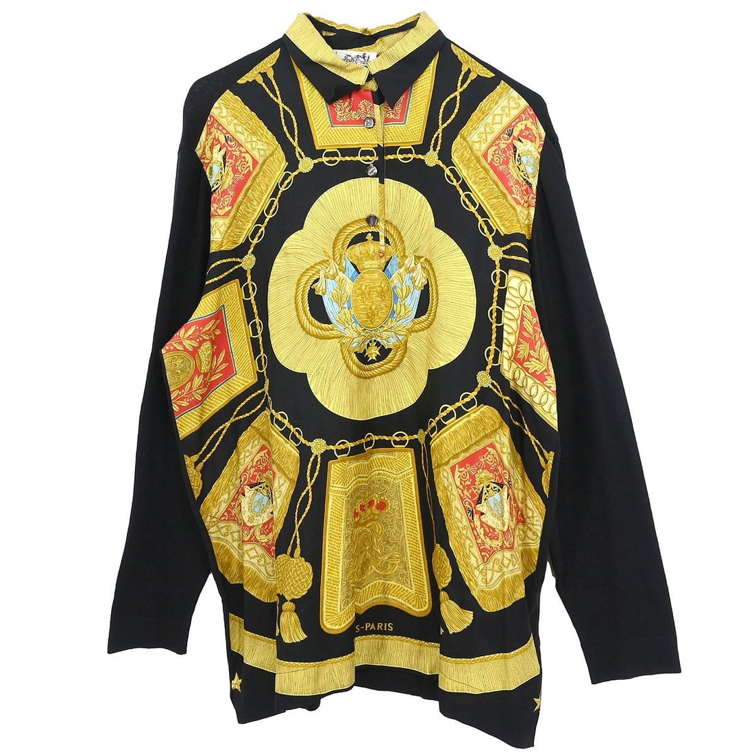 Black Silk and Cotton Cashmere Button-Up Shirt Large by Hermes: Black Silk and Cotton Cashmere Button-Up Shirt Large by Hermes This vintage Hermes button-up top features a classic black color and long sleeves, designed in a regular fit for casual occasions. Crafte