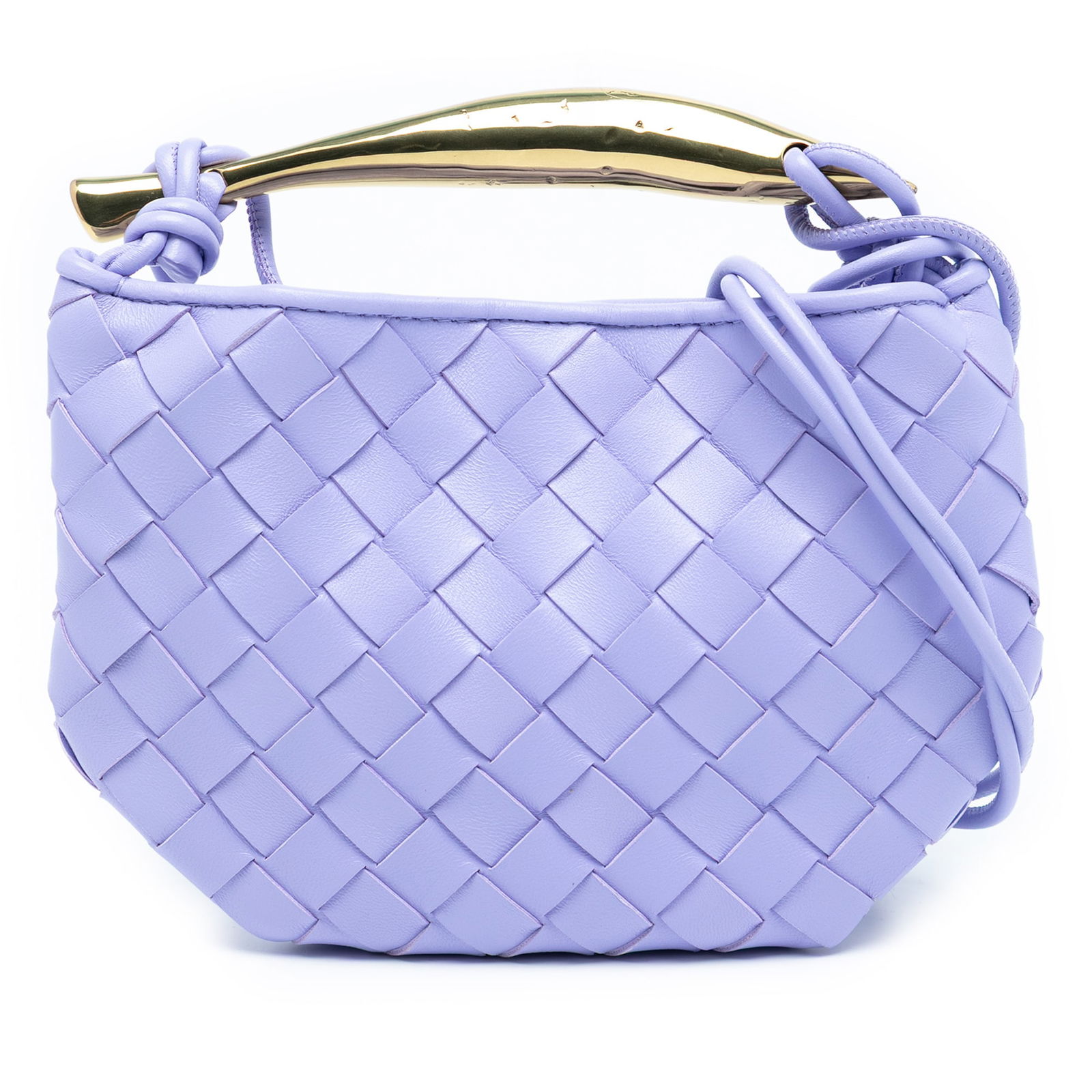 Bottega Veneta Baby Sardine Purple Woven Leather Bag with Gold Top Handle: Bottega Veneta Baby Sardine Purple Woven Leather Bag with Gold Top Handle This Bottega Veneta Baby Lambskin Intrecciato Sardine Bag features a woven leather body in a striking purple color, complement