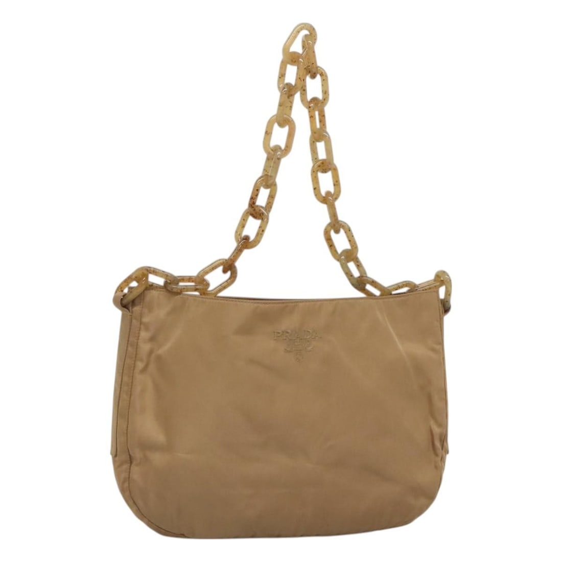 Beige Nylon Shoulder Bag with Chain Strap Prada Vintage: Beige Nylon Shoulder Bag with Chain Strap Prada Vintage This Prada Vintage Chain Shoulder Bag for women features a beige nylon exterior with chain shoulder straps. It shows signs of wear including los