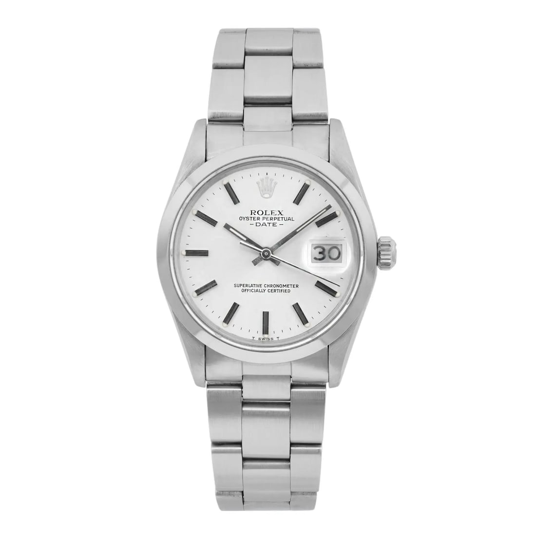Rolex Oyster Perpetual Date 34mm Silver Dial Vintage Unisex Watch with Box and Papers: Rolex Oyster Perpetual Date 34mm Silver Dial Vintage Unisex Watch with Box and Papers This elegant Rolex Oyster Perpetual Date wristwatch features a classic design with a 34mm polished stainless steel