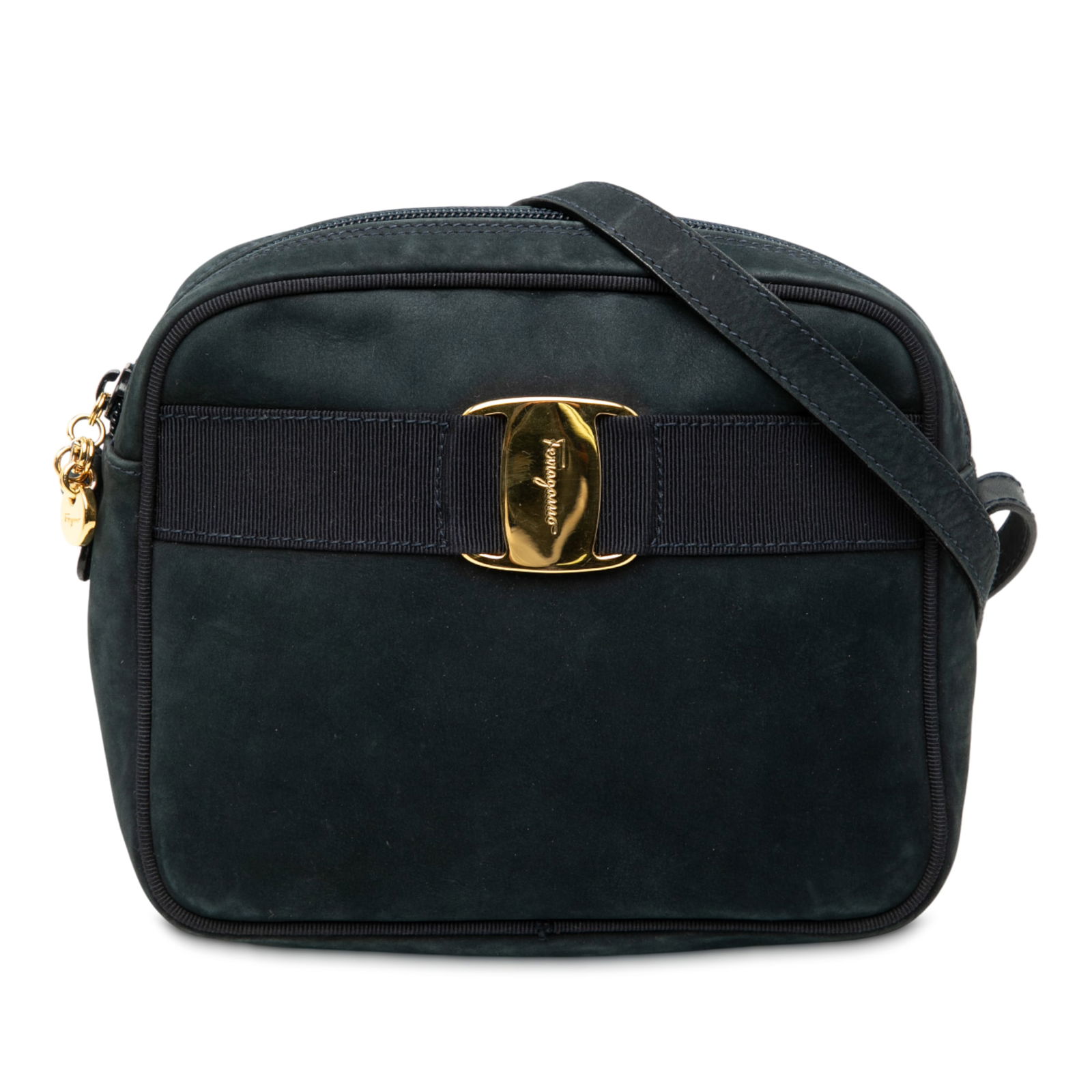 Blue Suede Vara Bow Crossbody Bag with Adjustable Leather Strap: Blue Suede Vara Bow Crossbody Bag with Adjustable Leather Strap This Ferragamo Suede Vara Bow Crossbody features a blue suede body with an adjustable flat leather shoulder strap and a top zip closure.