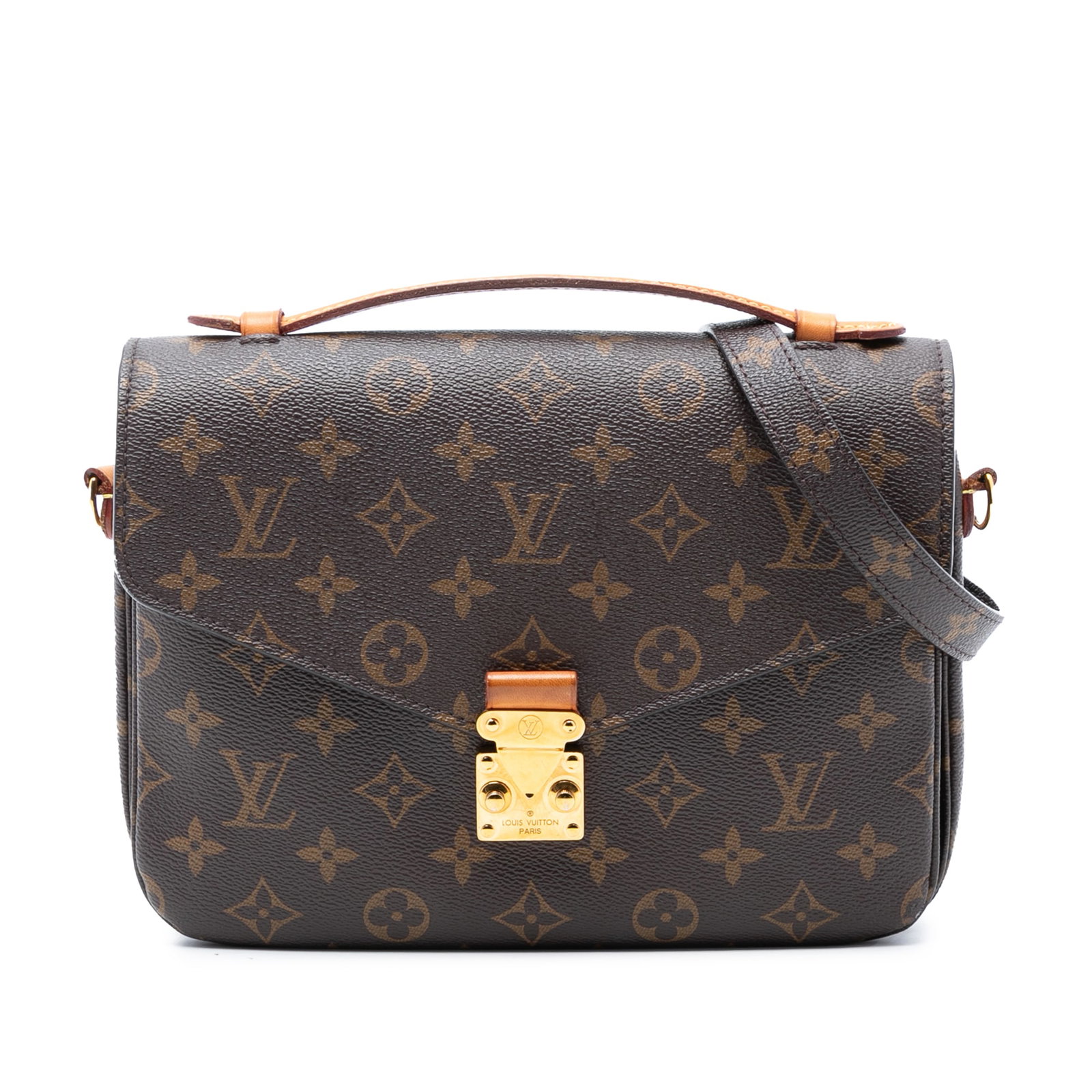Louis Vuitton Pochette Metis Shoulder Bag with Monogram Canvas and Top Handle: Louis Vuitton Pochette Metis Shoulder Bag with Monogram Canvas and Top Handle The Louis Vuitton Pochette Metis features the iconic monogram canvas body, complemented by a flat vachetta leather top han
