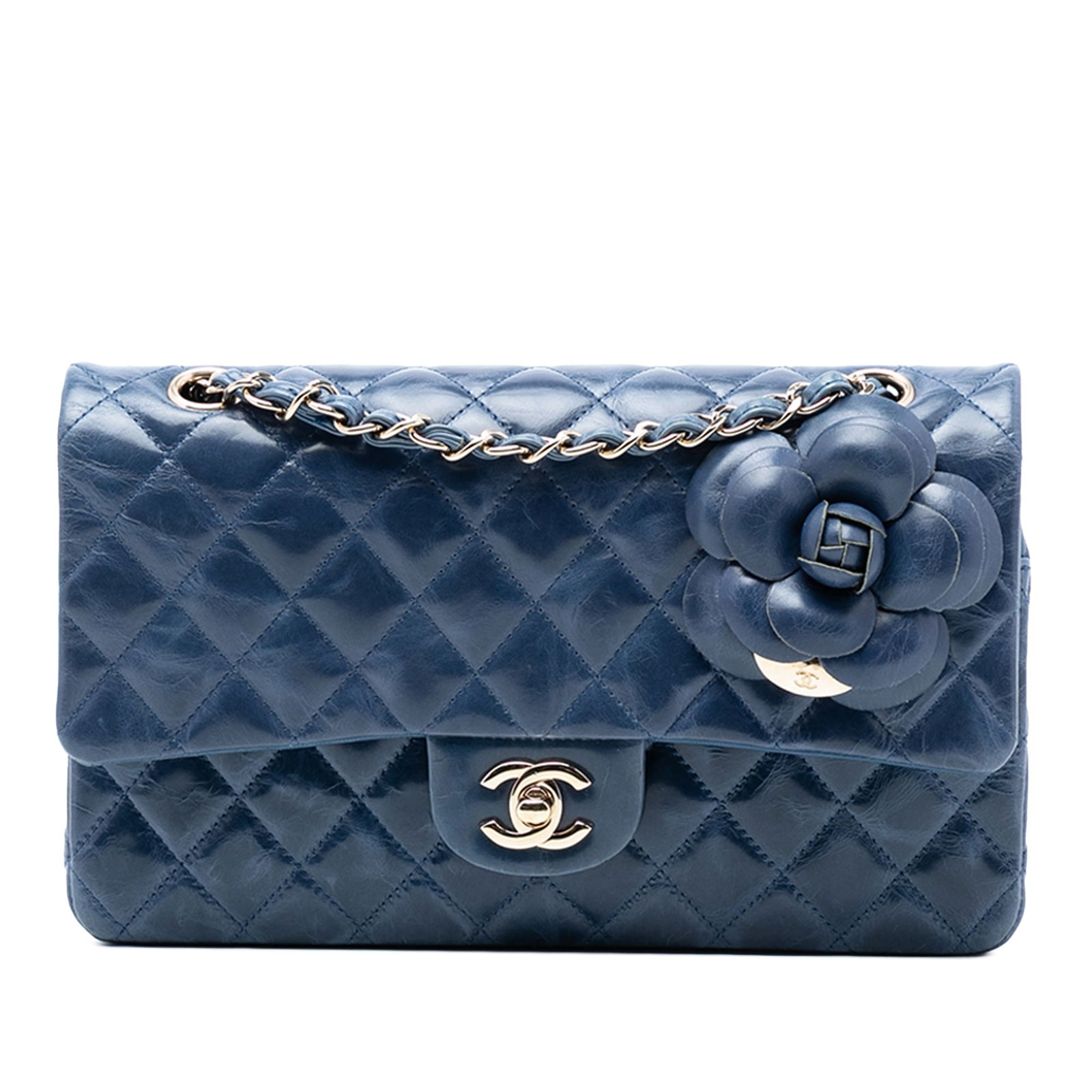 Medium Camellia Double Flap Blue Quilted Glazed Leather Shoulder Bag: Medium Camellia Double Flap Blue Quilted Glazed Leather Shoulder Bag This Chanel Medium Classic Flap bag showcases a quilted glazed leather body adorned with floral embellishments, complemented by lea