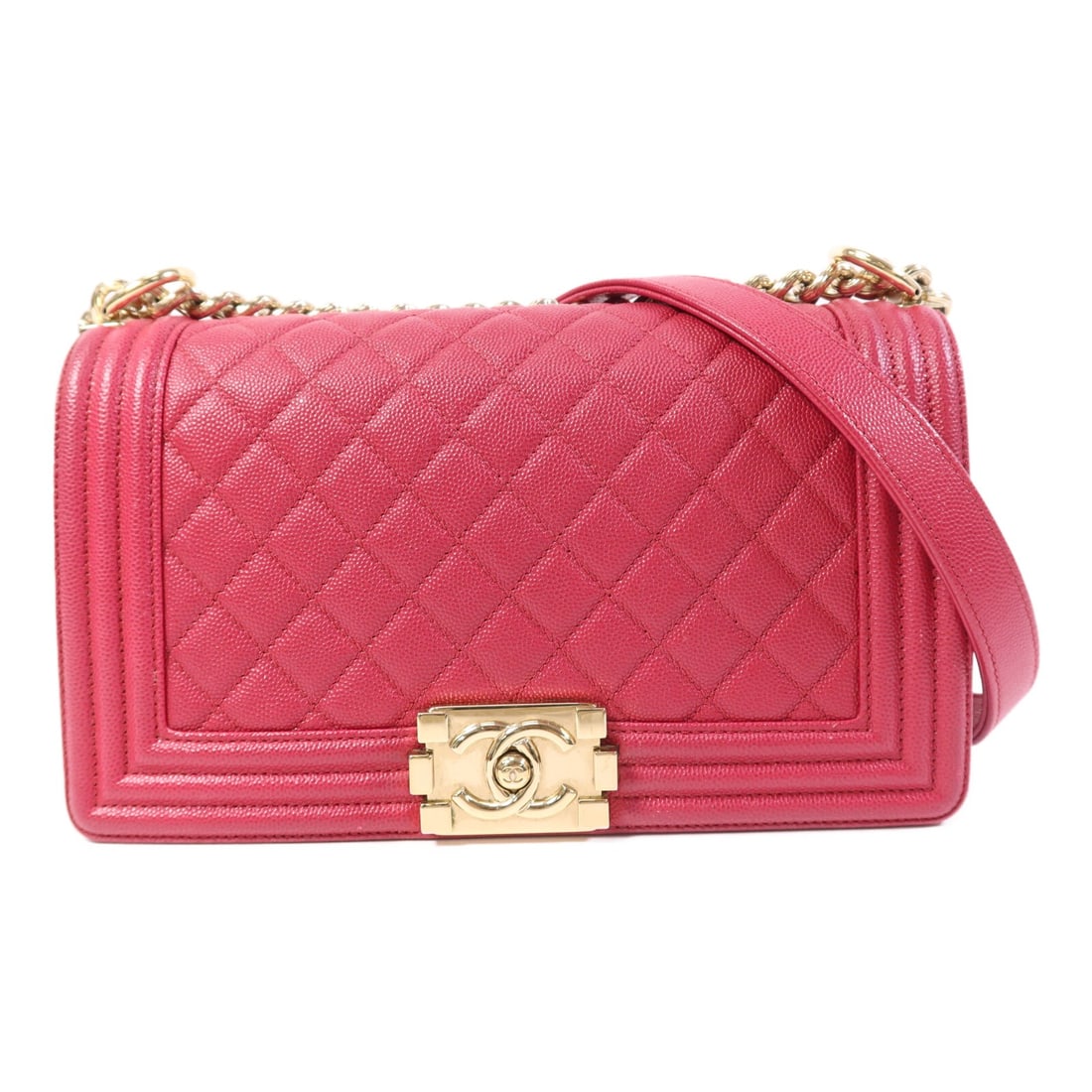 Chanel Boy 25 Pink Calfskin Chain Shoulder Bag with Gold Hardware: Chanel Boy 25 Pink Calfskin Chain Shoulder Bag with Gold Hardware This CHANEL Boy 25 chain shoulder bag features pink calfskin leather and a classic chain strap design. Crafted in France, the bag show