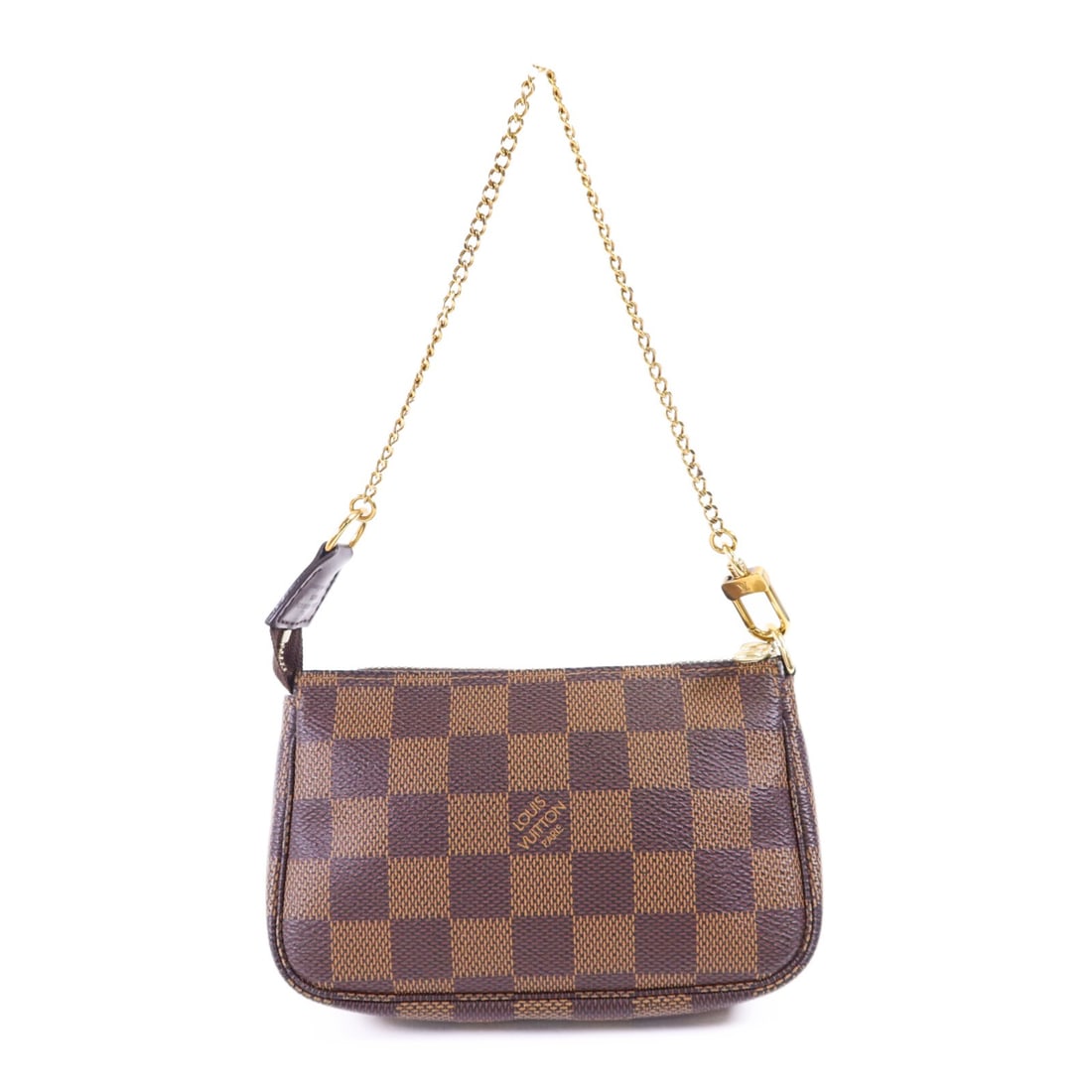 Louis Vuitton Damier Canvas Mini Pochette Bag with Gold Hardware N58009: Louis Vuitton Damier Canvas Mini Pochette Bag with Gold Hardware N58009 This Louis Vuitton Damier Mini Pochette Accessories features the signature brown Damier pattern on PVC coated canvas. The handba