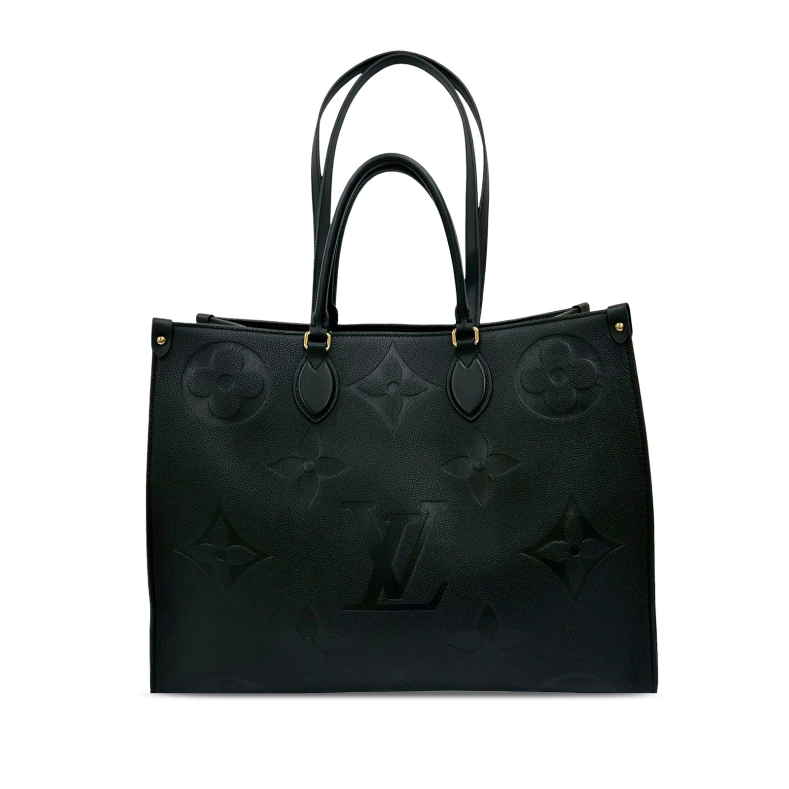 Louis Vuitton Onthego GM Black Monogram Empreinte Leather Tote Bag: Louis Vuitton Onthego GM Black Monogram Empreinte Leather Tote Bag This Louis Vuitton Onthego GM bag features Monogram Empreinte leather in black with rolled leather handles and flat leather shoulder