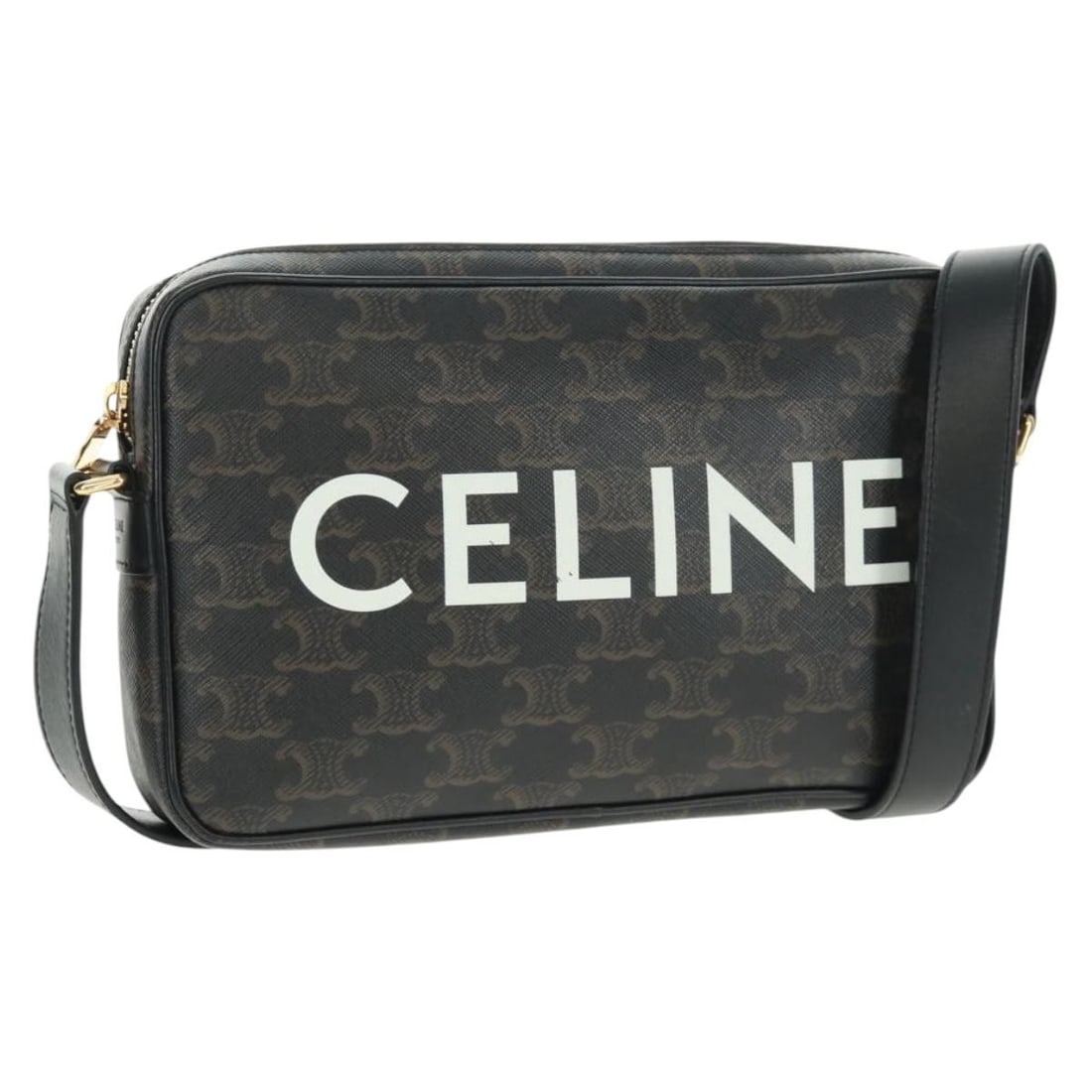 CELINE Medium Triomphe Shoulder Bag Black Gold PVC Leather: CELINE Medium Triomphe Shoulder Bag Black Gold PVC Leather This CELINE Triomphe Medium Messenger shoulder bag features a black and gold PVC leather exterior with a sleek silhouette. Designed and manuf