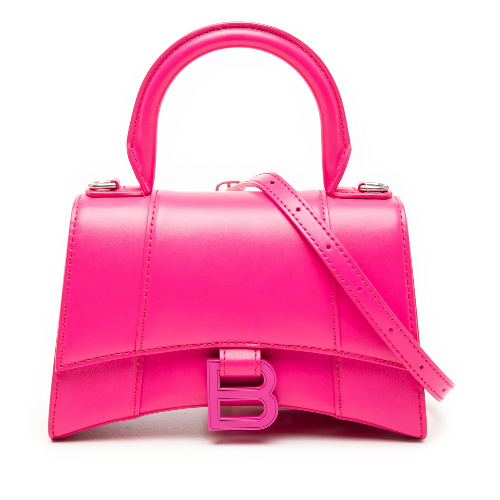 Balenciaga Hourglass XS Pink Leather Bag With Top Handle and Strap: Balenciaga Hourglass XS Pink Leather Bag With Top Handle and Strap This Balenciaga XS Calfskin Hourglass Top Handle Bag is crafted from pink leather and features a rolled leather handle, a detachable