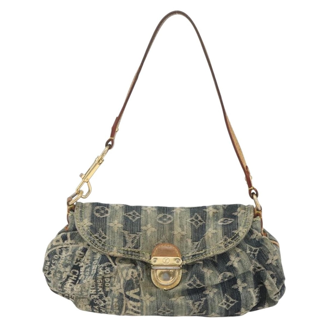 Louis Vuitton Pleaty Raye Blue Denim Striped Monogram Shoulder Bag: Louis Vuitton Pleaty Raye Blue Denim Striped Monogram Shoulder Bag The Louis Vuitton Pleaty Raye Handbag features a striped Monogram design in blue denim, crafted for women. The bag shows signs of pri