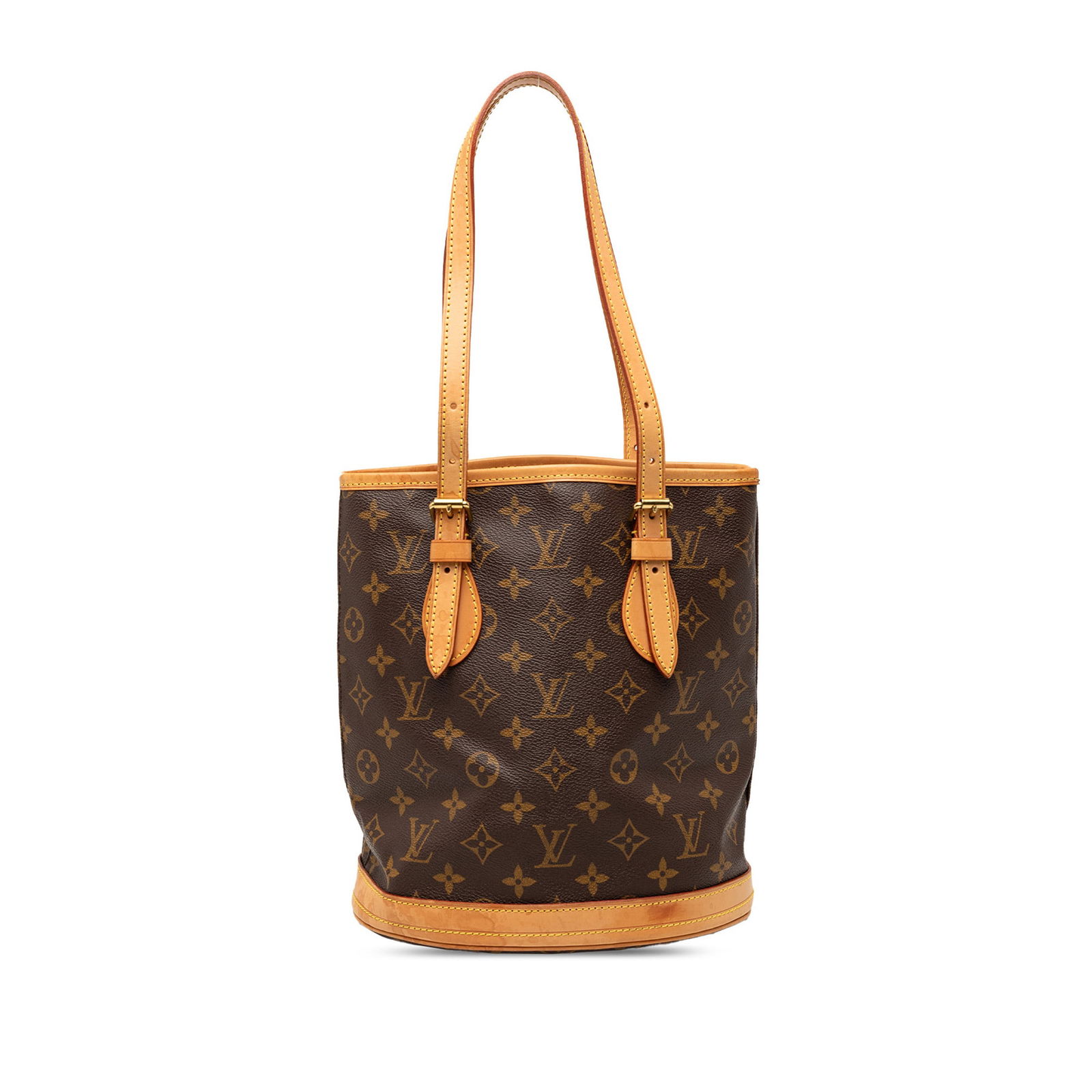 Monogram Canvas Petit Bucket Shoulder Bag with Adjustable Leather Straps: Monogram Canvas Petit Bucket Shoulder Bag with Adjustable Leather Straps The Louis Vuitton Monogram Petit Bucket features a monogram canvas body with leather trim, adjustable flat leather straps, an o
