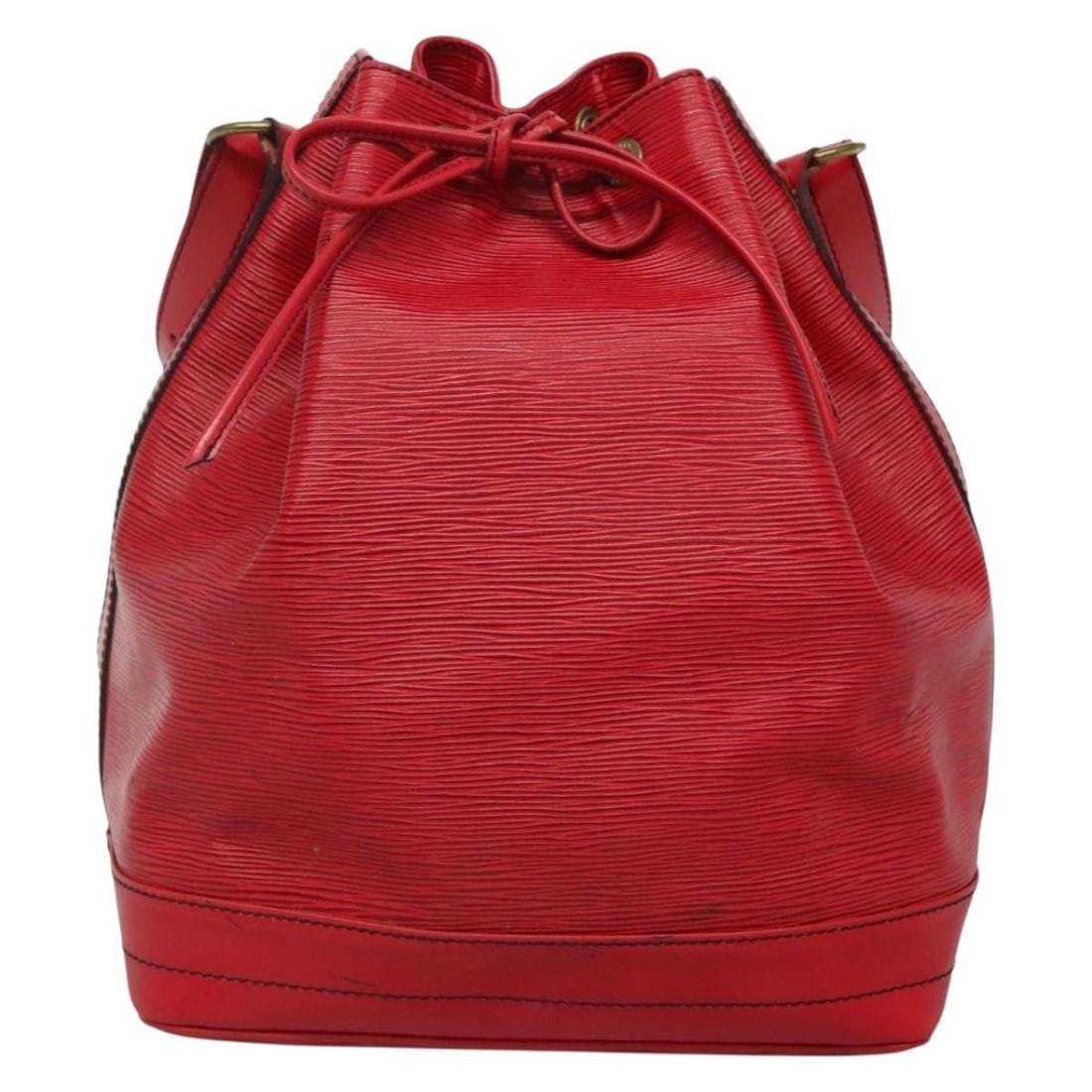 Red Epi Leather Petit Noe Shoulder Bag by Louis Vuitton: Red Epi Leather Petit Noe Shoulder Bag by Louis Vuitton The Louis Vuitton Petit Noe handbag is crafted from red Epi leather and designed for women. This bag features a spacious interior and an adjusta