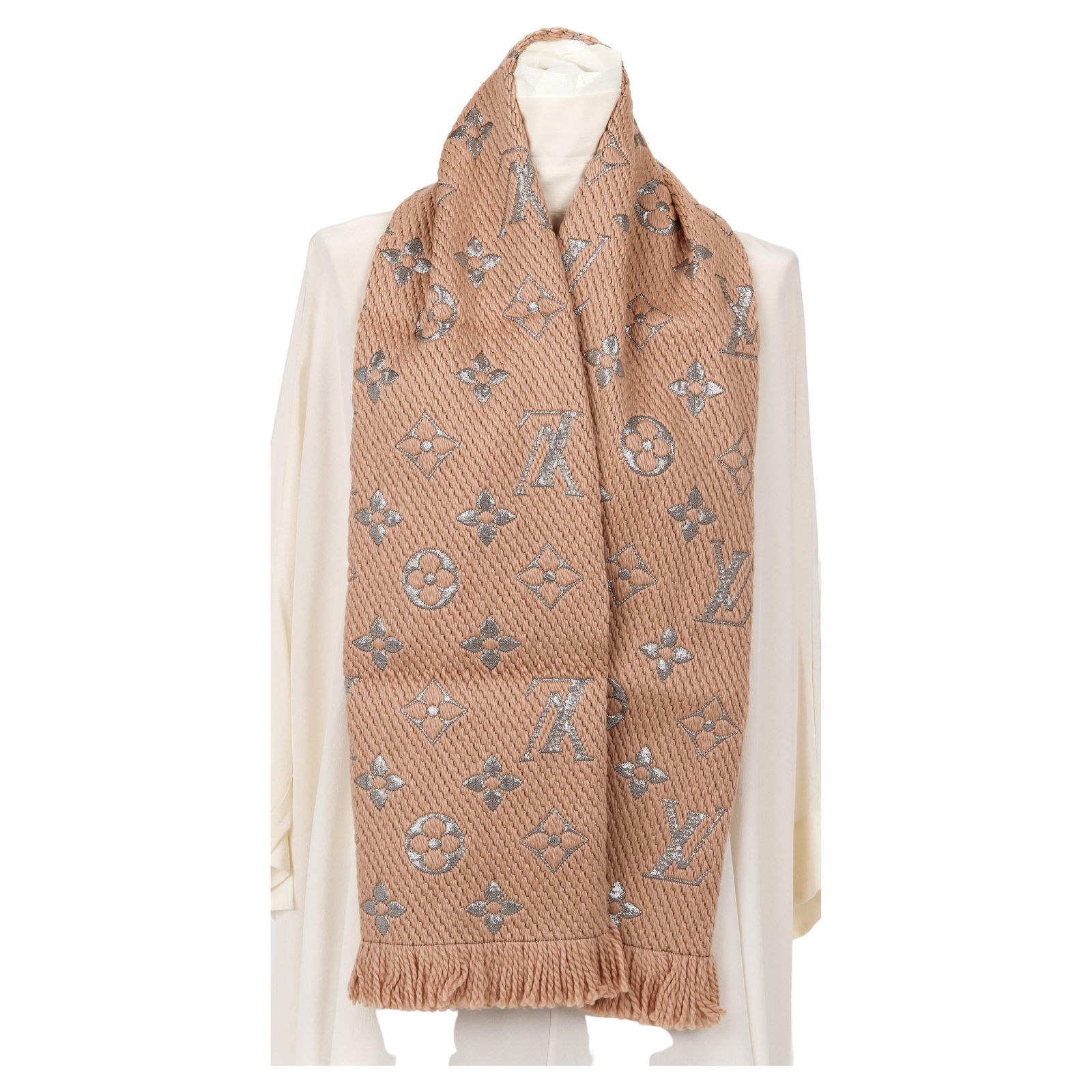 Louis Vuitton Metallic Logo Woven Scarf with Lurex Detail and Fringe: Louis Vuitton Metallic Logo Woven Scarf with Lurex Detail and Fringe Elevate your accessory collection with this stunning Louis Vuitton Metallic Logo Woven Scarf. Crafted in France, this luxurious sca
