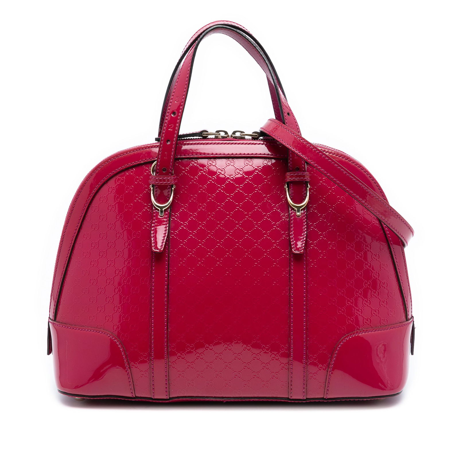 Gucci Microguccissima Patent Leather Nice Dome Small Satchel Red with Strap: Gucci Microguccissima Patent Leather Nice Dome Small Satchel Red with Strap This Gucci Small Microguccissima Patent Nice Dome Satchel features a patent leather body in red, flat leather handles, a det