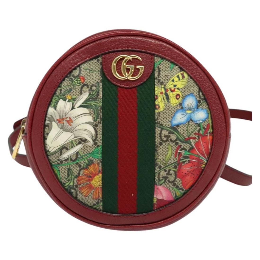 Gucci Ophidia GG Coated Canvas Round Backpack Beige 15cm: Gucci Ophidia GG Coated Canvas Round Backpack Beige 15cm This pre-owned Gucci Ophidia Round Backpack for women features beige coated canvas with the signature Flora GG pattern. It is crafted in Italy