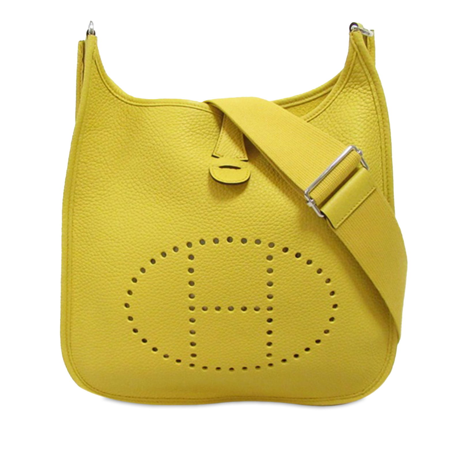 Hermes Clemence Evelyne III PM Yellow Leather Bag with Dust Bag: Hermes Clemence Evelyne III PM Yellow Leather Bag with Dust Bag The Hermes Clemence Evelyne III PM is a stylish and functional bag crafted from clemence leather, featuring a vibrant yellow color. It b