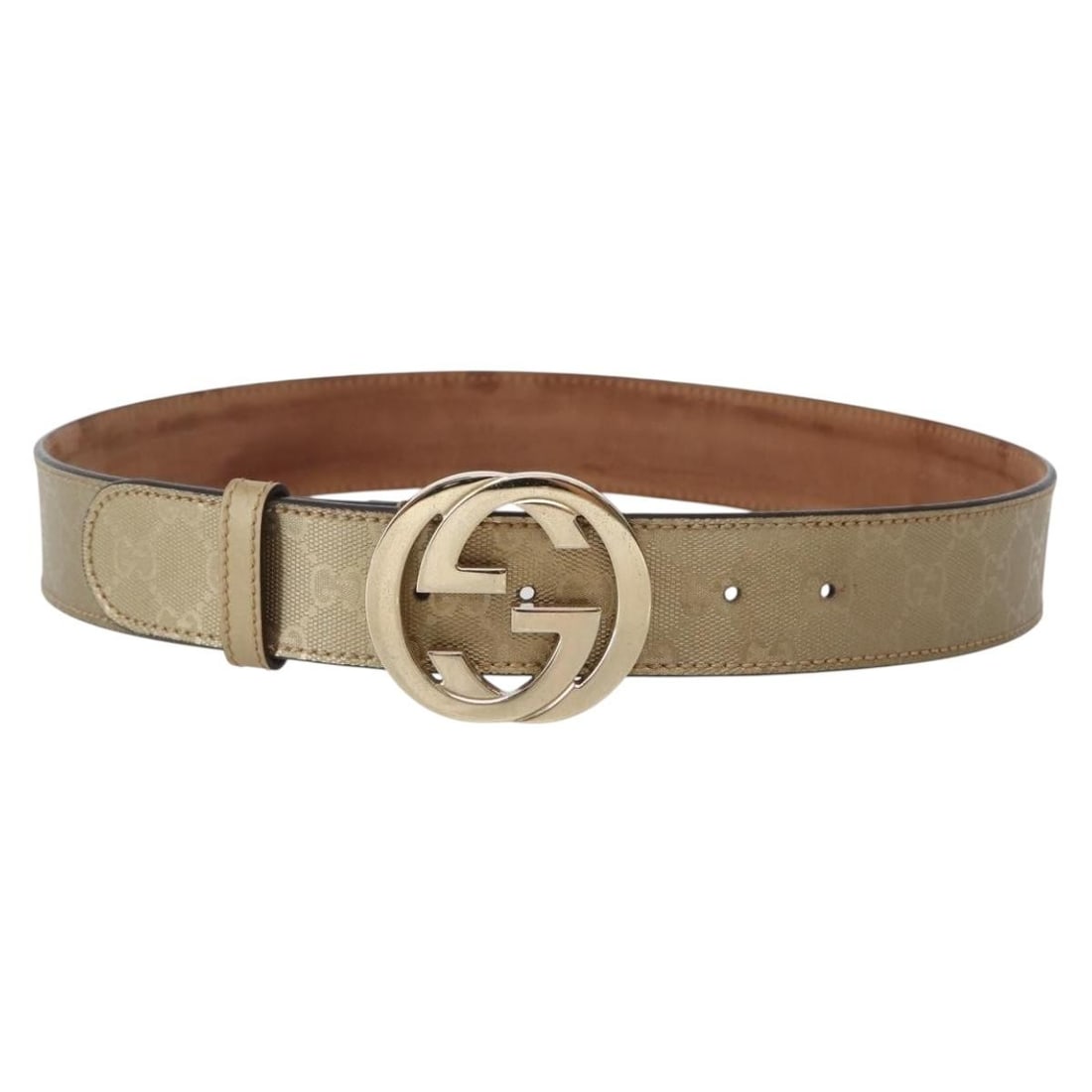 GUCCI GG Canvas Interlocking Belt 37 inch Gold Auth 114876: GUCCI GG Canvas Interlocking Belt 37 inch Gold Auth 114876 Elevate your accessory game with this authentic GUCCI GG Implementation Interlocking Belt. Crafted in Italy from premium GG Canvas, this belt