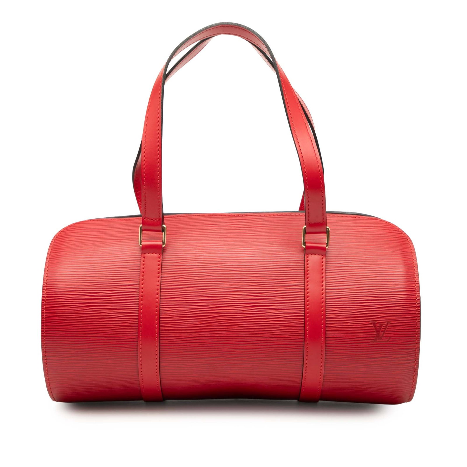 Red Epi Leather Soufflot Handbag by Louis Vuitton with Pouch: Red Epi Leather Soufflot Handbag by Louis Vuitton with Pouch This Louis Vuitton Epi Soufflot bag features a distinctive epi leather body in red, complemented by flat leather handles and a top zip clos