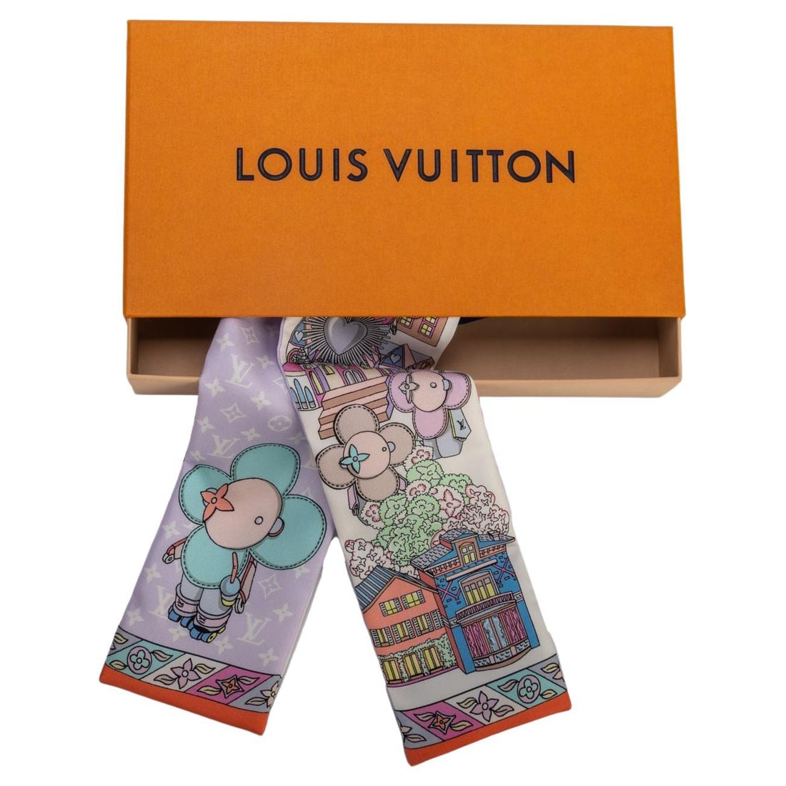 Louis Vuitton Limited Edition Vivienne Silk Bandeau 3.1x47.2 in: Louis Vuitton Limited Edition Vivienne Silk Bandeau 3.1x47.2 in Introducing the Louis Vuitton Limited Edition Vivienne Silk Bandeau, a luxurious accessory that showcases a whimsical Vivienne traveling