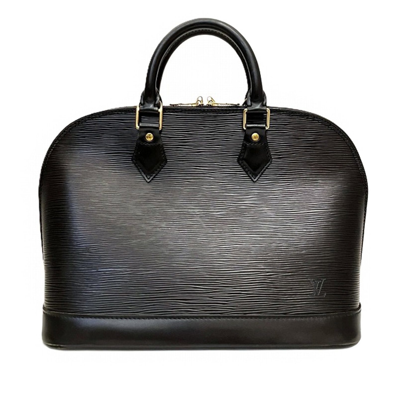 Black Epi Leather Alma PM Handbag by Louis Vuitton: Black Epi Leather Alma PM Handbag by Louis Vuitton This Louis Vuitton Epi Alma PM handbag features a structured silhouette crafted from durable epi leather in black. It is designed with rolled leather