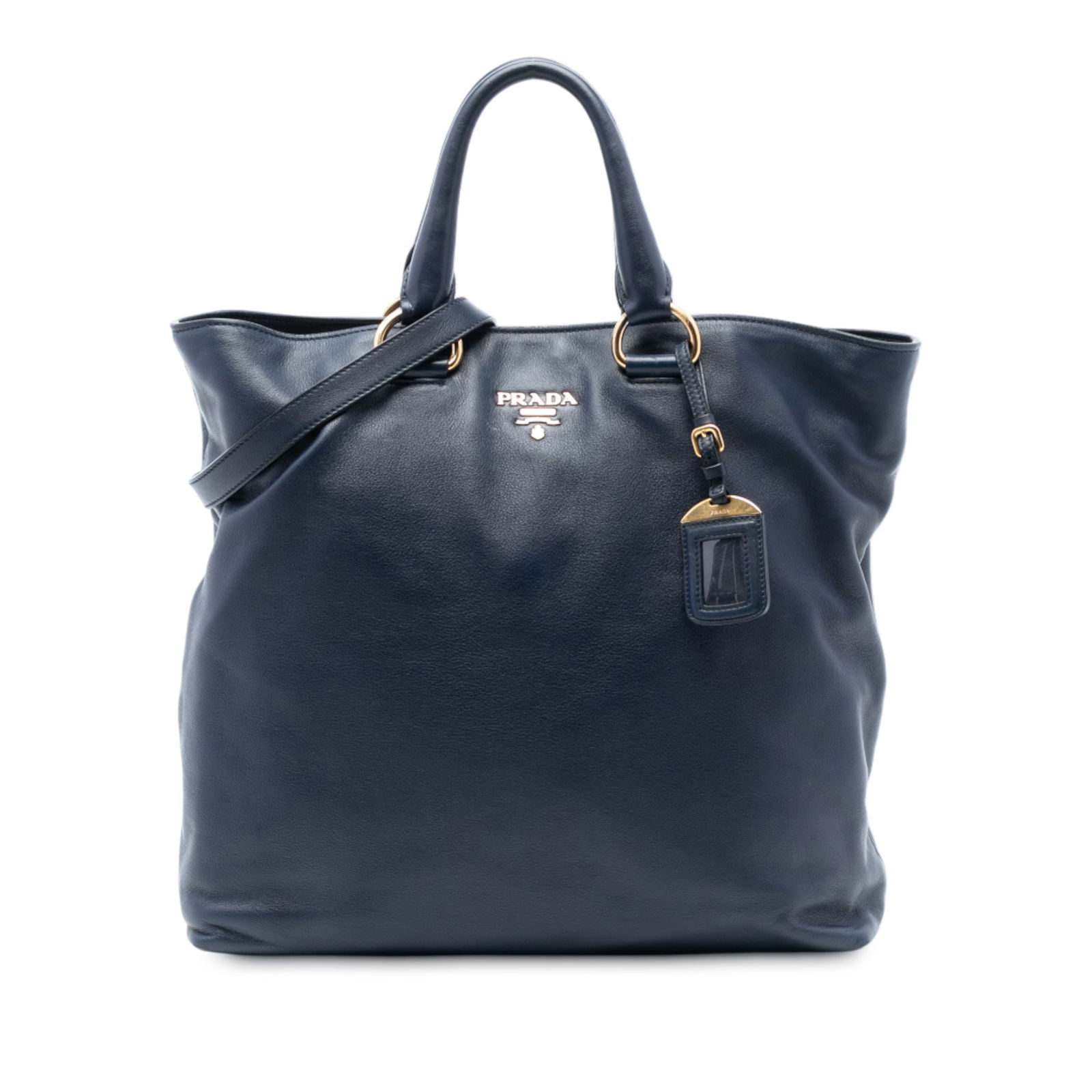 Prada Soft Calf Leather Convertible Satchel Blue Tote Bag: Prada Soft Calf Leather Convertible Satchel Blue Tote Bag This Prada Soft Calf Open Convertible Tote features a blue leather body with rolled leather handles, a flat leather strap, and an open top sec