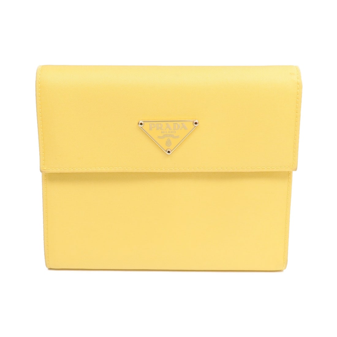 Yellow Nylon and Calfskin Tri-Fold Wallet by Prada with Gold Hardware: Yellow Nylon and Calfskin Tri-Fold Wallet by Prada with Gold Hardware This Prada tri-fold wallet features a vibrant yellow nylon exterior complemented by calfskin leather accents. Designed for practic