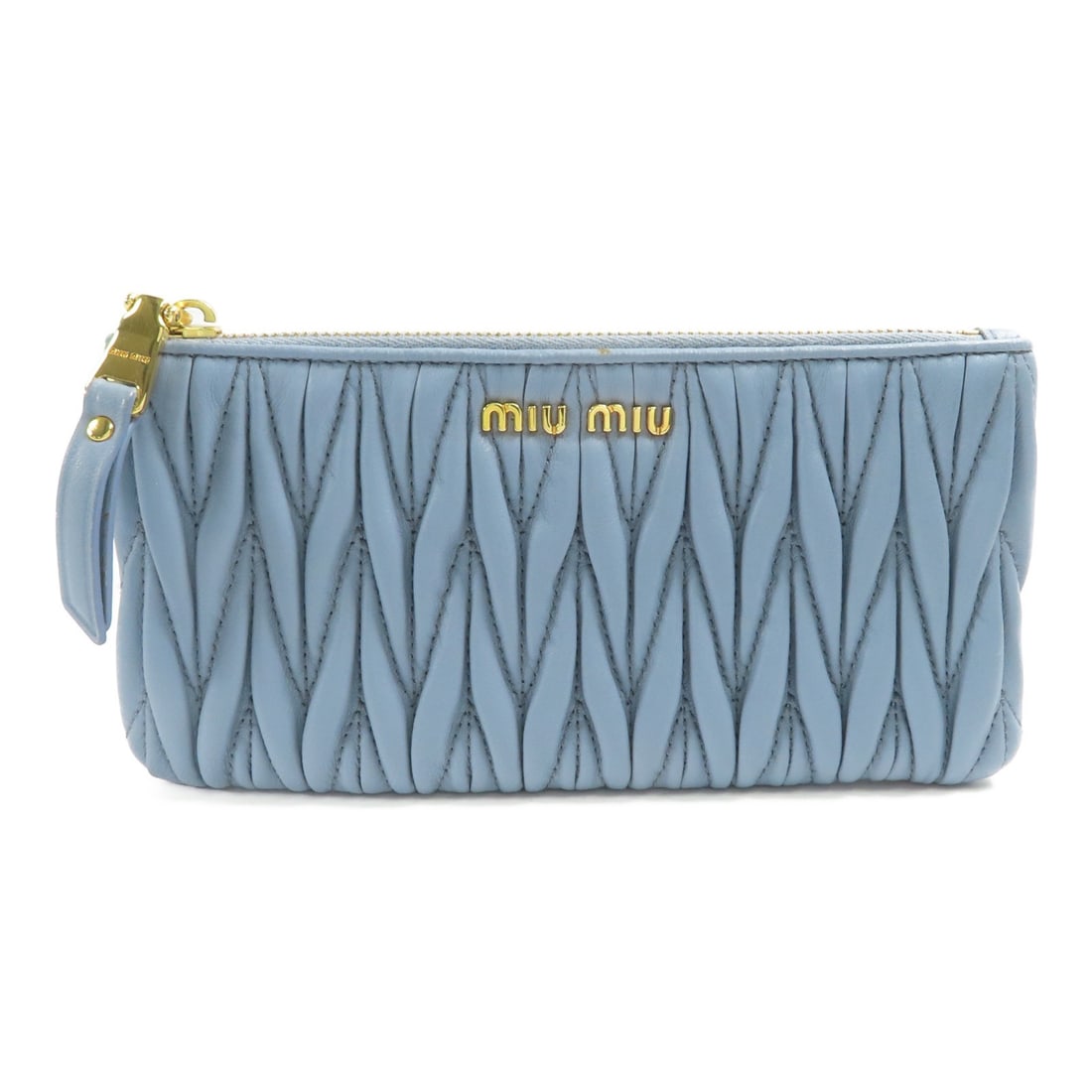 Miu Miu Lambskin Leather Pouch Blue Gray GHW: Miu Miu Lambskin Leather Pouch Blue Gray GHW This Miu Miu pouch is crafted from luxurious lambskin leather in a stylish blue shade. The compact design features a height of 3.5 inches, a depth of 0.4 i