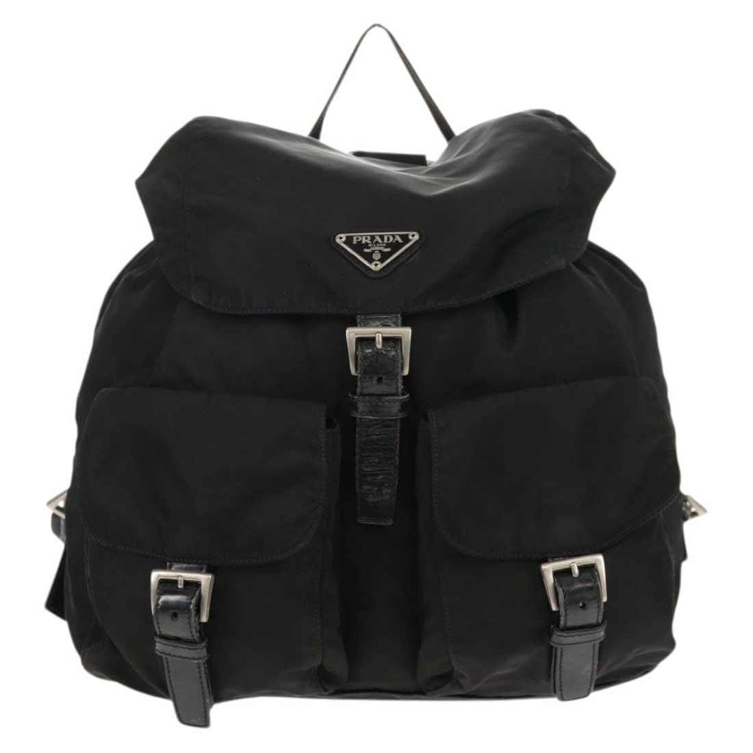 Prada Vela Black Nylon Backpack with Saffiano Leather Front Pockets: Prada Vela Black Nylon Backpack with Saffiano Leather Front Pockets This Prada Vela Double Front Pocket Backpack is crafted from durable black nylon with Saffiano leather accents. Designed for women,