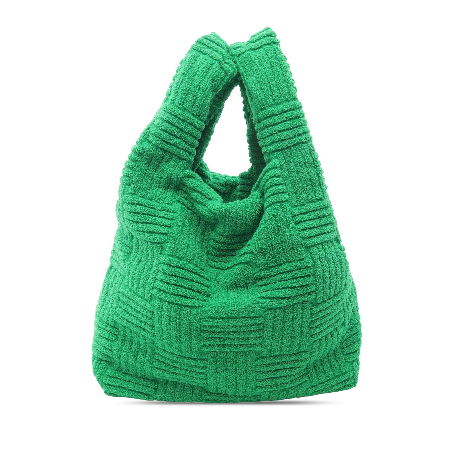 Bottega Veneta Green Terry Cloth Shopping Tote: Bottega Veneta Green Terry Cloth Shopping Tote Introducing the Bottega Veneta Terry Cloth Shopping Tote, a stylish and functional accessory crafted in Italy. This tote is designed with a soft cotton b