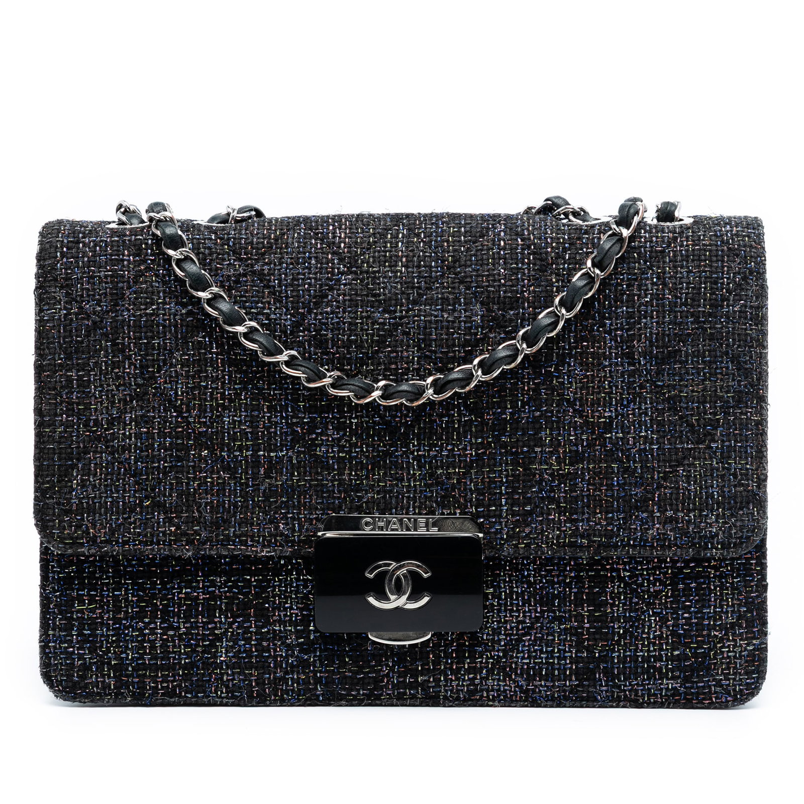 Quilted Tweed Flap Bag with Beauty Lock by Chanel: Quilted Tweed Flap Bag with Beauty Lock by Chanel This Chanel Large Quilted Tweed Beauty Lock Flap bag features a quilted tweed exterior, a leather-woven chain link strap, a front flap with a push-loc