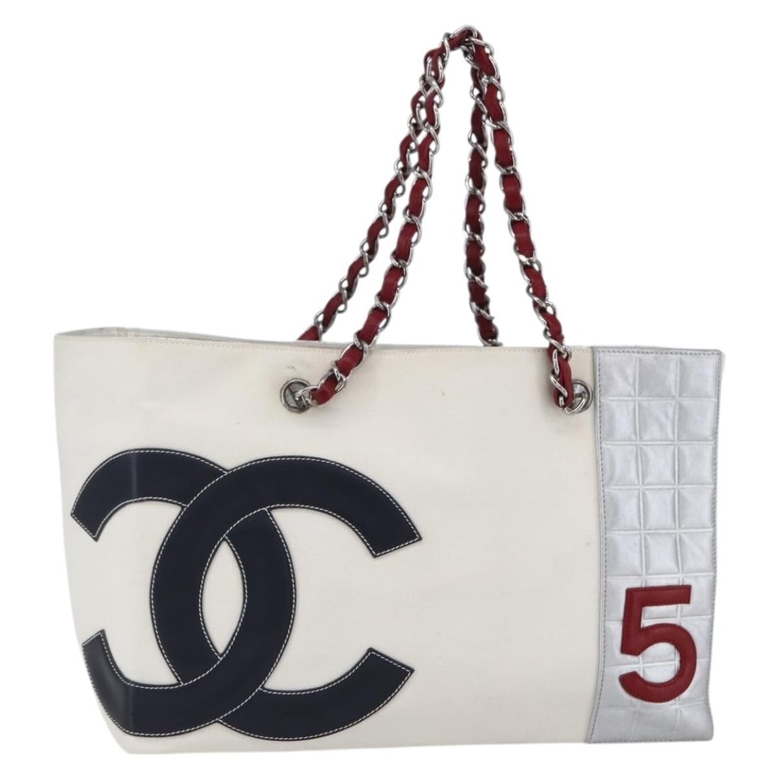CHANEL No5 Choco Bar Chain Shoulder Bag Ivory Silver Canvas Auth: CHANEL No5 Choco Bar Chain Shoulder Bag Ivory Silver Canvas Auth This exquisite CHANEL Choco Bar Chain Shoulder Bag is a stylish accessory made from high-quality canvas in a sophisticated ivory and si