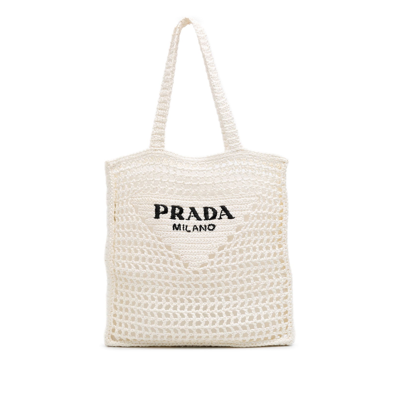 Prada White Raffia Effect Crochet Tote with Embroidered Logo (1 of 10)