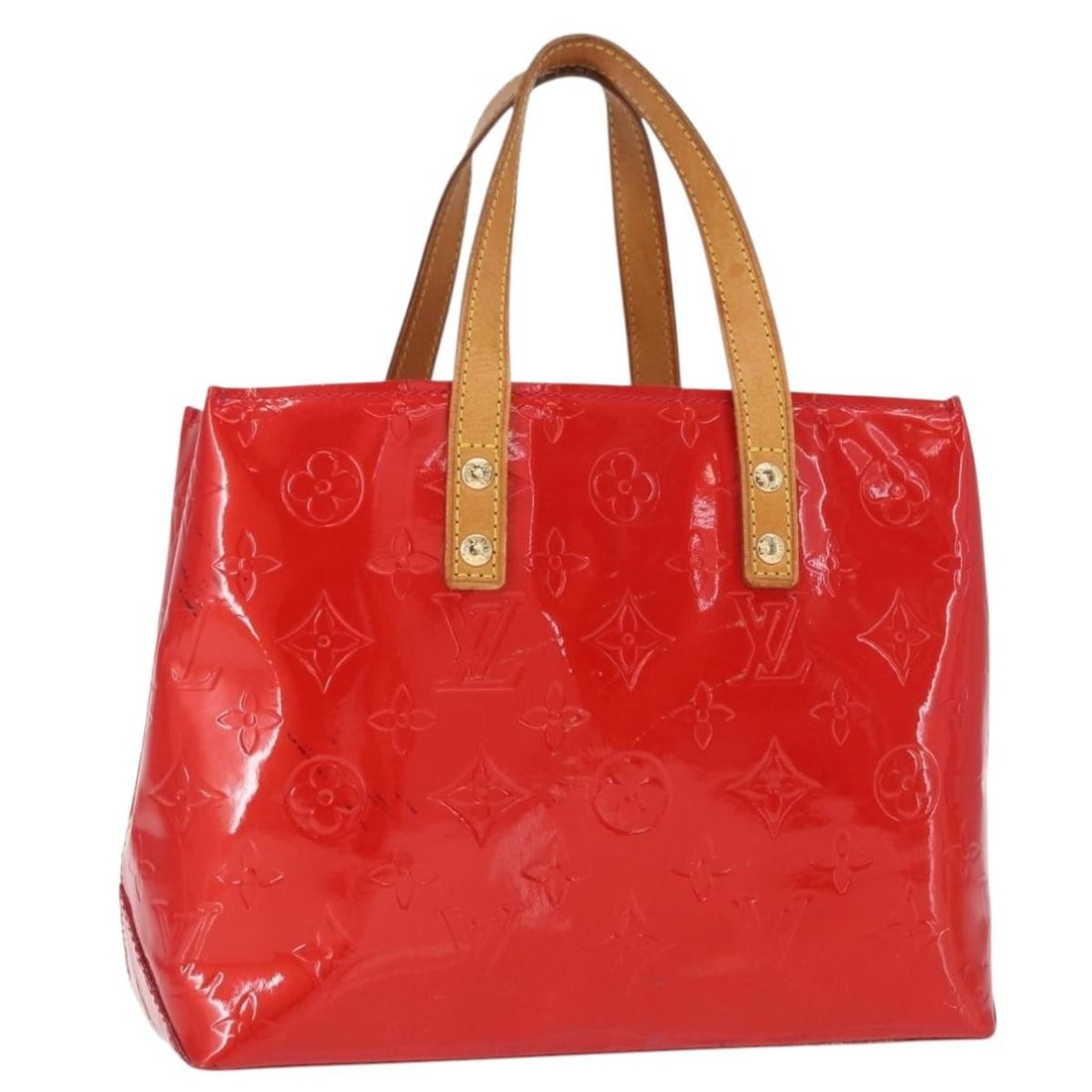 Red Patent Leather Reade Tote by Louis Vuitton Monogram Vernis: Red Patent Leather Reade Tote by Louis Vuitton Monogram Vernis This Louis Vuitton Reade Handbag features the signature Monogram Vernis pattern in red patent leather. Designed for women, this pre-owned