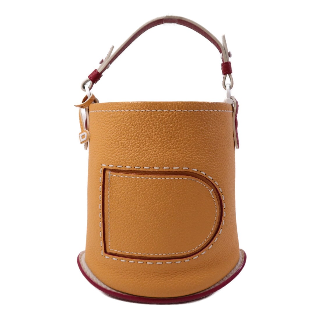Delvaux Pin Mini Bucket Orange Calfskin Handbag: Delvaux Pin Mini Bucket Orange Calfskin Handbag This Delvaux Pin Mini Bucket handbag is crafted from luxurious calfskin leather in a vibrant orange color. Designed in a compact bucket style, it offers