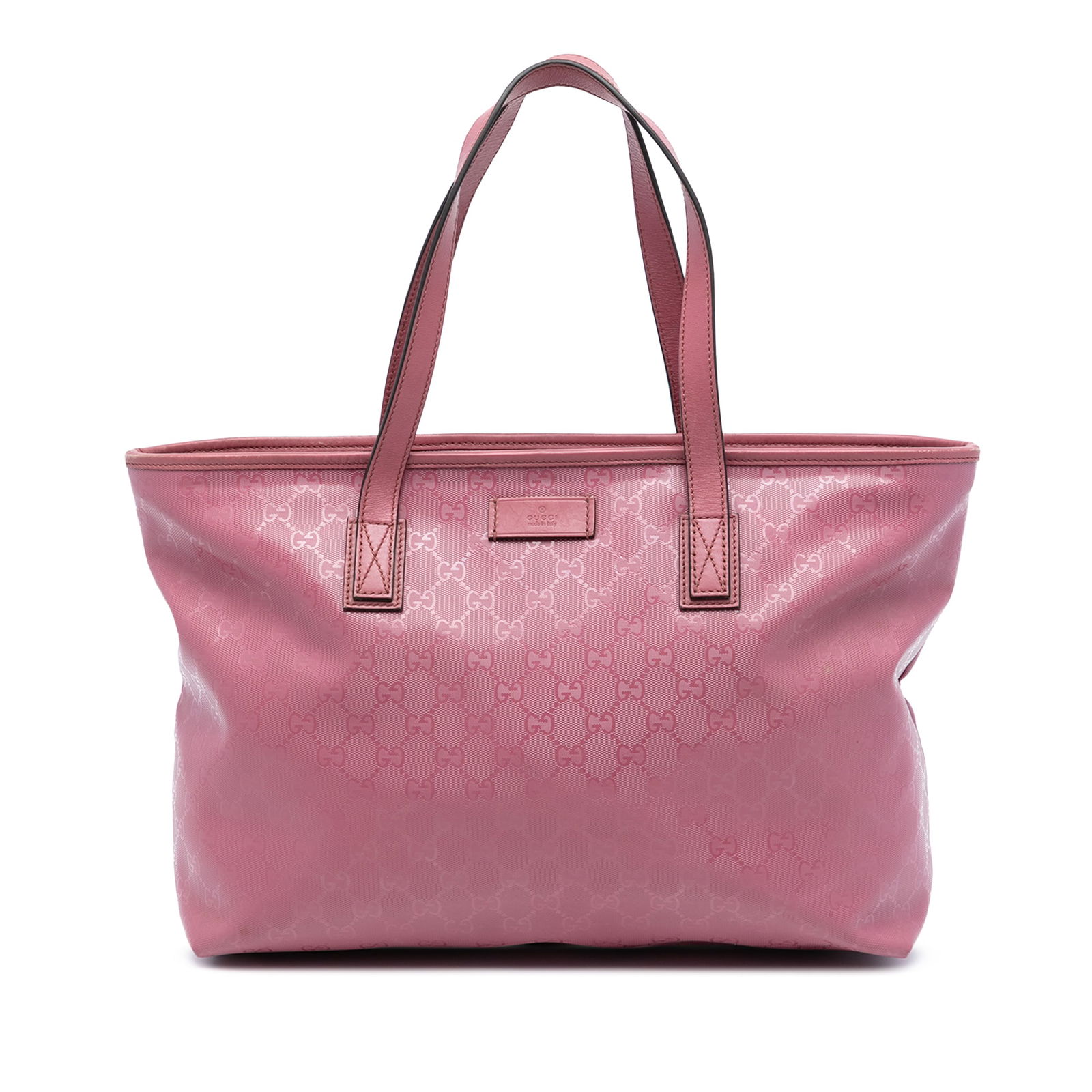 Pink GG Imprime Medium Tote Bag with Leather Trim by Gucci: Pink GG Imprime Medium Tote Bag with Leather Trim by Gucci This Gucci Medium GG Imprime Tote features a coated canvas body with leather trim, flat leather handles, and a top zip closure. The interior