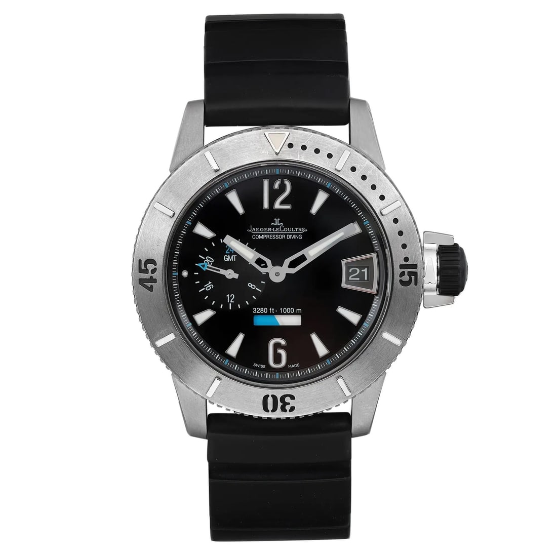 Jaeger LeCoultre Master Compressor GMT Titanium Diver Watch Q187T670: Jaeger LeCoultre Master Compressor GMT Titanium Diver Watch Q187T670 This Jaeger LeCoultre Master Compressor GMT watch is a remarkable timepiece designed for the modern adventurer. Crafted with a dura