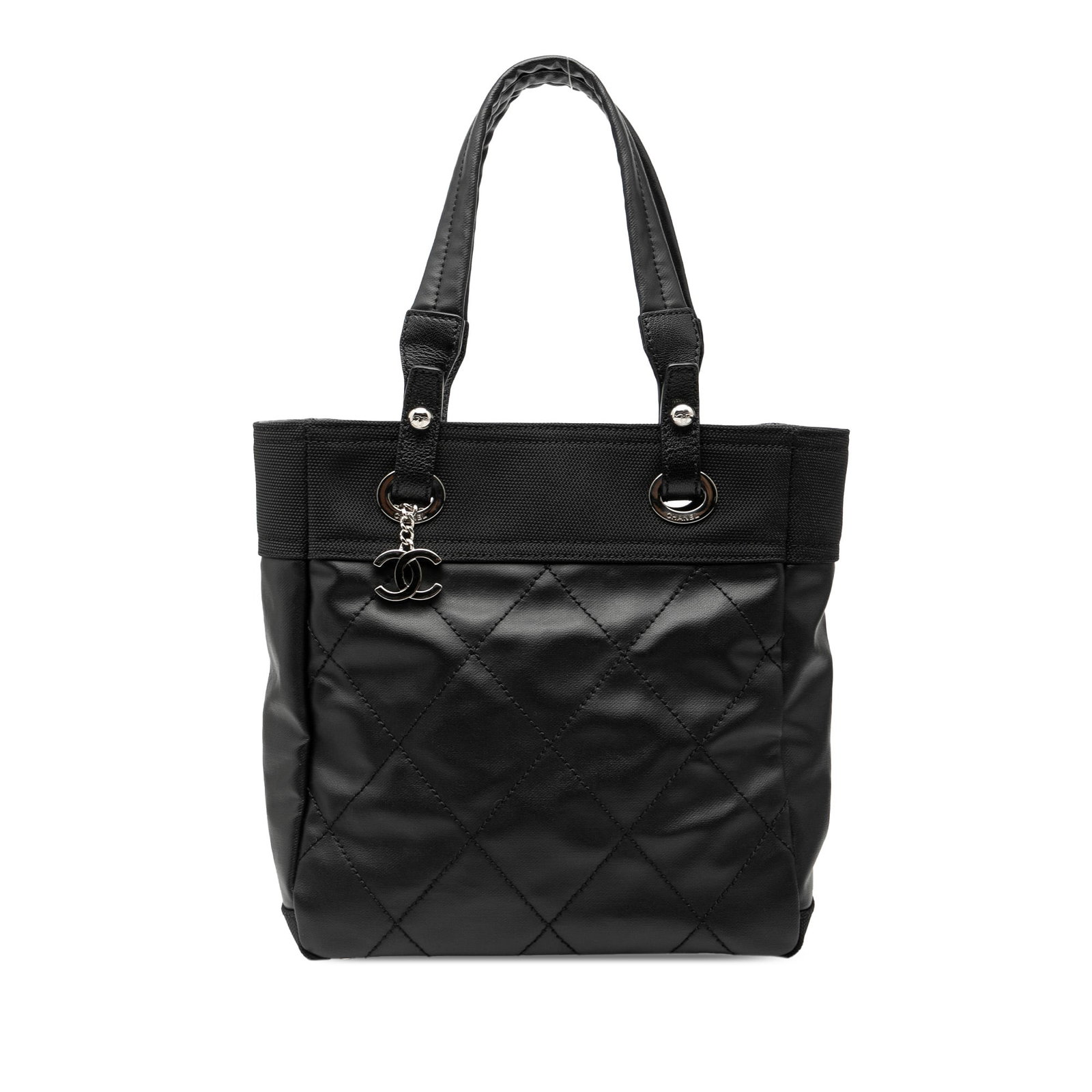 Chanel Paris Biarritz Small Black Quilted Coated Canvas Tote Bag: Chanel Paris Biarritz Small Black Quilted Coated Canvas Tote Bag This Chanel Small Quilted Coated Canvas Paris Biarritz Tote features a black quilted coated canvas body with nylon trim, flat handles,